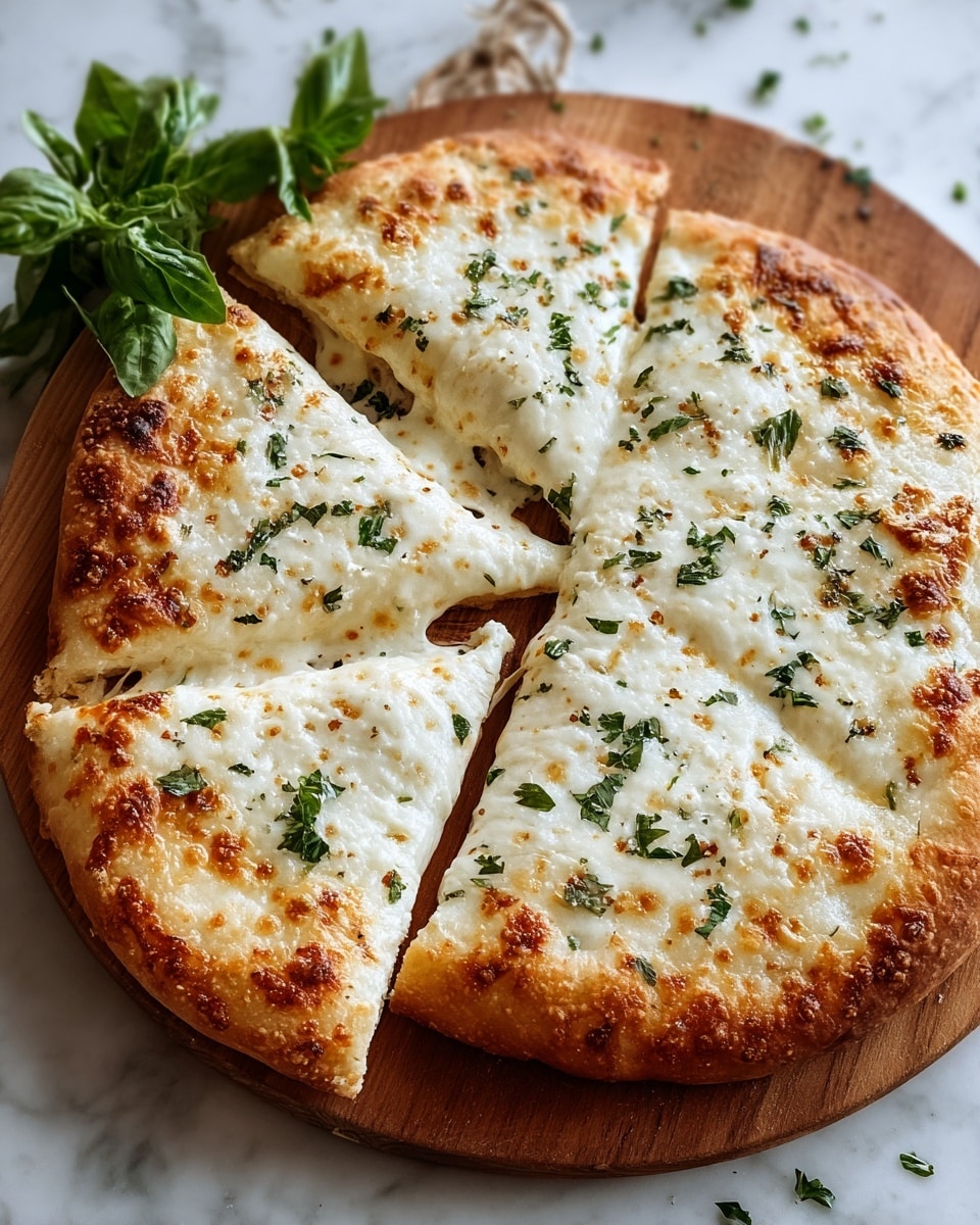 A freshly baked white pizza is shown with five slices on a round wooden board placed on a white marbled surface. The pizza has a golden-brown crust that is thick and soft. The top layer is made of melted white cheese with light golden browned spots, sprinkled sparsely with green herbs that add fresh color. One slice is slightly pulled out from the rest, showing the fluffy underside of the crust. A small bunch of fresh green basil leaves sits nearby on the white marbled background. photo taken with an iphone --ar 4:5 --v 7