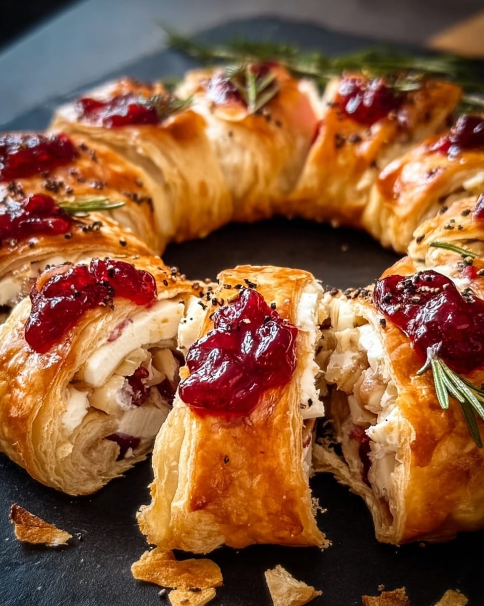 A golden brown puff pastry ring with visible layers of flaky, shiny crust forms the base of the dish. This ring is sliced into sections but remains connected, showing three main layers inside each slice: the bottom flaky pastry, a white creamy cheese layer with thin slices and small chunks, and dollops of bright red jam spread unevenly across the cheese. Small green rosemary sprigs and tiny black pepper specks are scattered on top, adding color contrast and texture. The ring rests on a dark surface with some pastry flakes scattered around. photo taken with an iphone --ar 4:5 --v 7