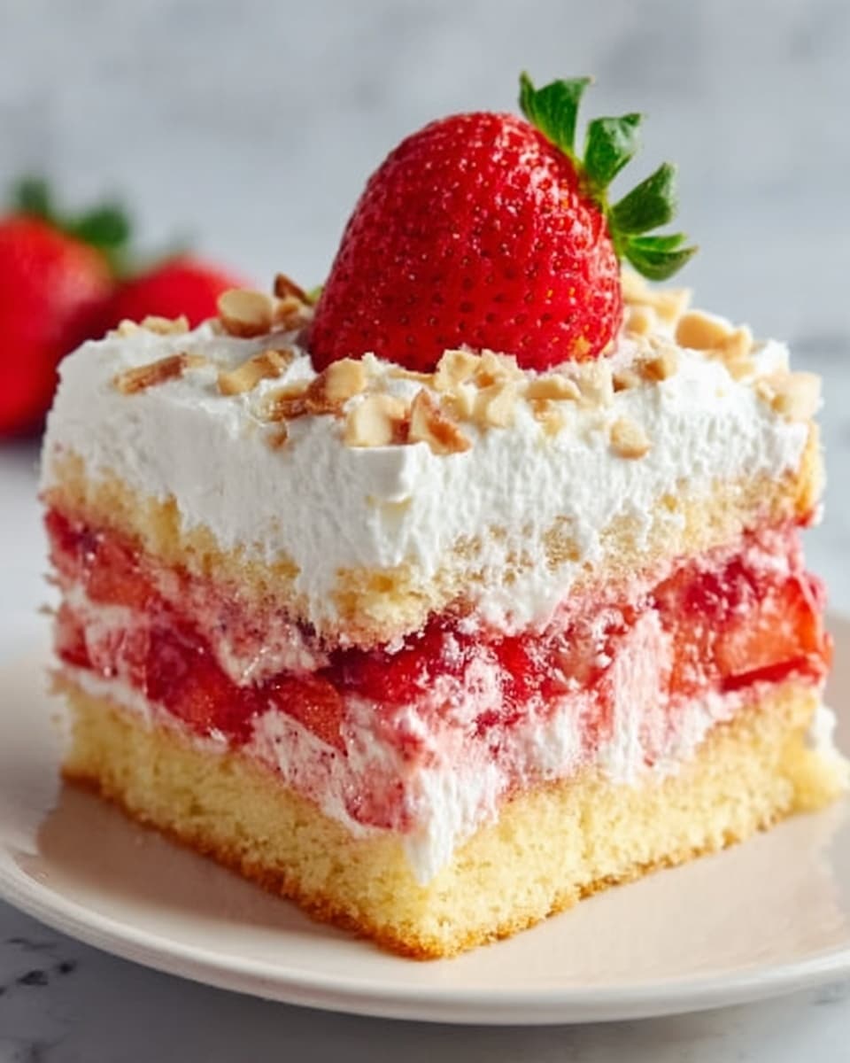 The image shows a square piece of layered strawberry cake on a white plate with a white marbled background. The bottom layer consists of a light yellow sponge cake with a soft texture. Above it is a thick layer of red and pink strawberry filling mixed with cream, giving a slightly chunky texture with visible bits of strawberries. On top of this is another thin sponge cake layer, light yellow and fluffy. The final layer is a thick, smooth white cream topped with small chopped nuts scattered on the surface and a whole bright red strawberry with green leaves sitting in the center. The cake looks moist and creamy, and the colors contrast nicely with the white plate and background. Photo taken with an iphone --ar 4:5 --v 7