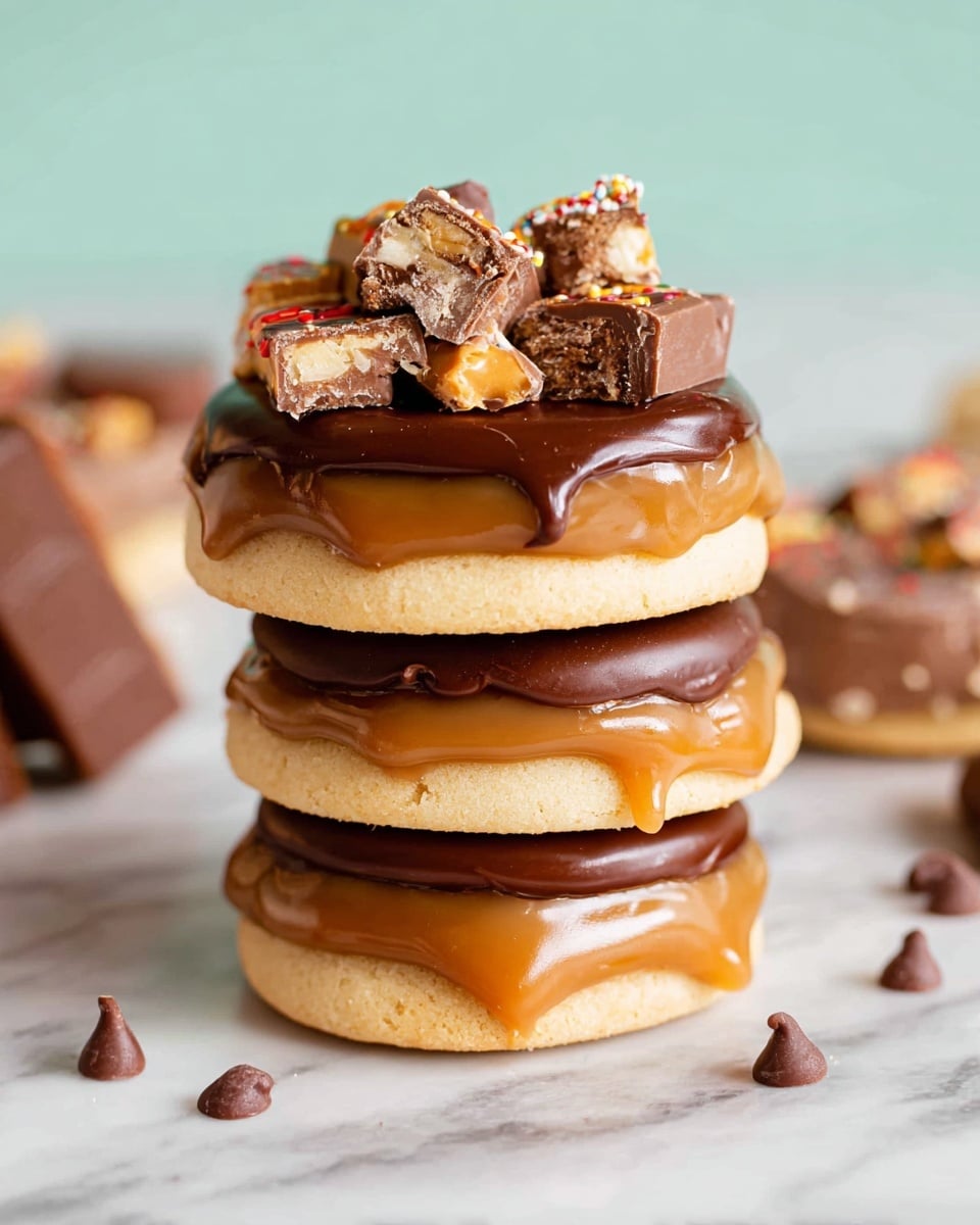 A stack of three round cookies, each with a base layer of light golden biscuit, topped with a thick smooth caramel layer that drips slightly at the edges, followed by a shiny dark chocolate layer on top. The top cookie is crowned with chopped pieces of a candy bar that has a mix of creamy caramel, crunchy nougat, and chocolate coating, with a few small chocolate chips scattered around the base of the stack. The cookies sit on a flat surface with a white marbled texture. Photo taken with an iphone --ar 4:5 --v 7
