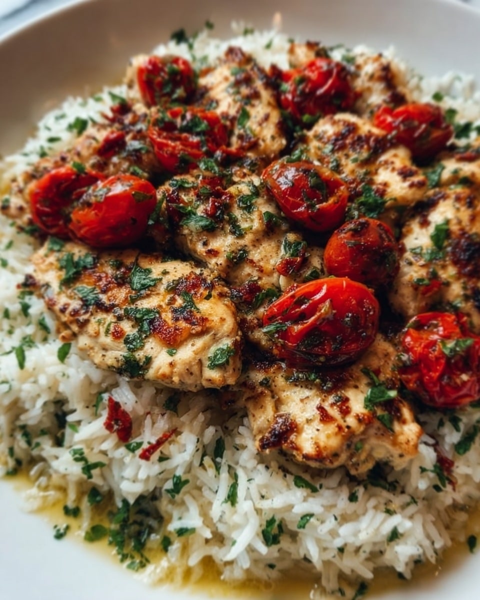 The image shows a close-up of a dish with two main layers. The bottom layer is white rice mixed with small bits of green herbs, giving it a fresh look and soft texture. On top, there are golden grilled chicken pieces with a slightly crispy surface, showing char marks and browned spots. Scattered over the chicken are roasted cherry tomatoes with a bright red color and some green herbs, adding color and freshness. The dish sits on a white plate, and the background is a white marbled surface. photo taken with an iphone --ar 4:5 --v 7