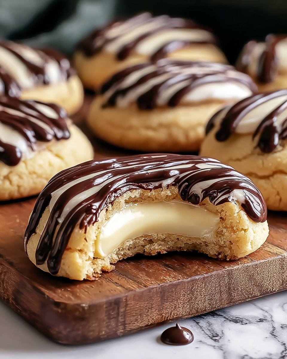 The image shows a close-up of a cookie with three visible layers: a soft, golden-brown outer cookie layer forms the base and sides; a smooth, creamy off-white filling sits in the center, exposed by a bite taken from the cookie; the top is decorated with dark, glossy chocolate drizzled in even lines. The cookie rests on a wooden board with more cookies blurred in the background, all with the same chocolate drizzle on top. A small drop of chocolate sits on the wooden surface near the bitten cookie. The background has a white marbled texture. Photo taken with an iphone --ar 4:5 --v 7