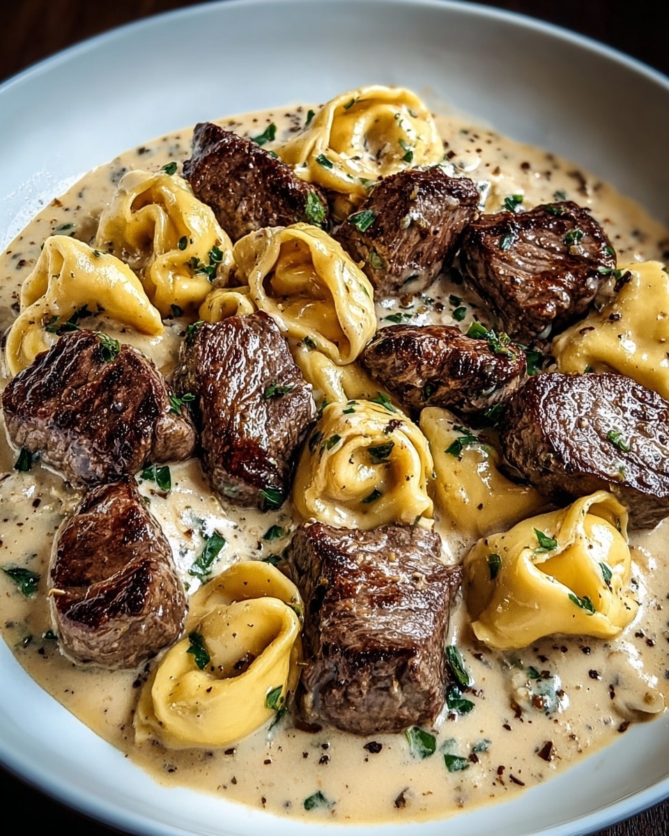 A deep white bowl filled with a creamy beige sauce as the base layer, speckled with small herbs and black pepper. On top, there are multiple pieces of browned, seared beef medallions with a juicy texture, arranged unevenly across the dish. Interspersed between the beef are several plump, golden-yellow tortellini pasta, coated lightly with the sauce. The dish is garnished with finely chopped green herbs scattered on the beef, pasta, and sauce, adding small touches of color. The creamy sauce pools at the bottom and around the pasta and beef, creating a rich, smooth texture. Photo taken with an iphone --ar 4:5 --v 7