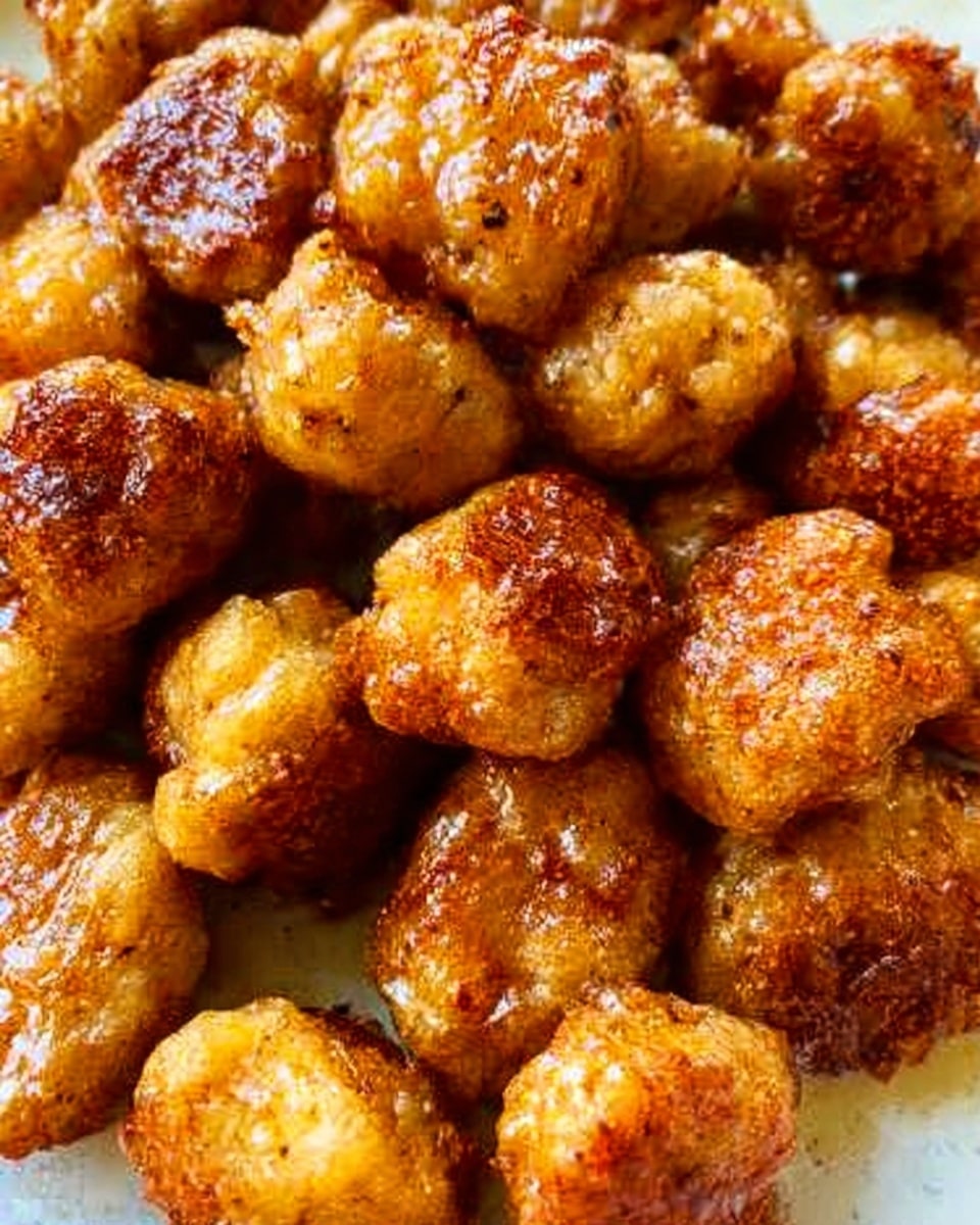 The image shows many small, golden-brown fried pieces that look crispy on the outside with some darker spots of browning. Each piece is roughly round and bumpy, tightly packed together, with a shiny glaze giving them a slight oily look. The background is a white marbled surface, making the warm tones of the food stand out. photo taken with an iphone --ar 4:5 --v 7