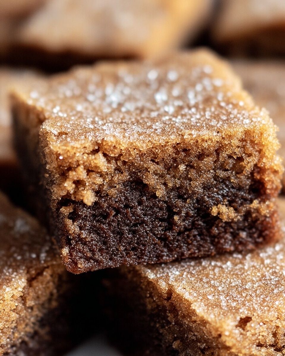 A close-up view of a single square piece of soft, crumbly brown cake, showing two visible layers: a darker brown base layer with a moist texture and a lighter brown top layer with a slightly grainy surface sprinkled with granulated sugar, highlighting tiny sparkling sugar crystals. The cake edges are slightly rough and crumbly, revealing its tender texture, all set against a blurred background of similar cake pieces on a white marbled texture. Photo taken with an iphone --ar 4:5 --v 7