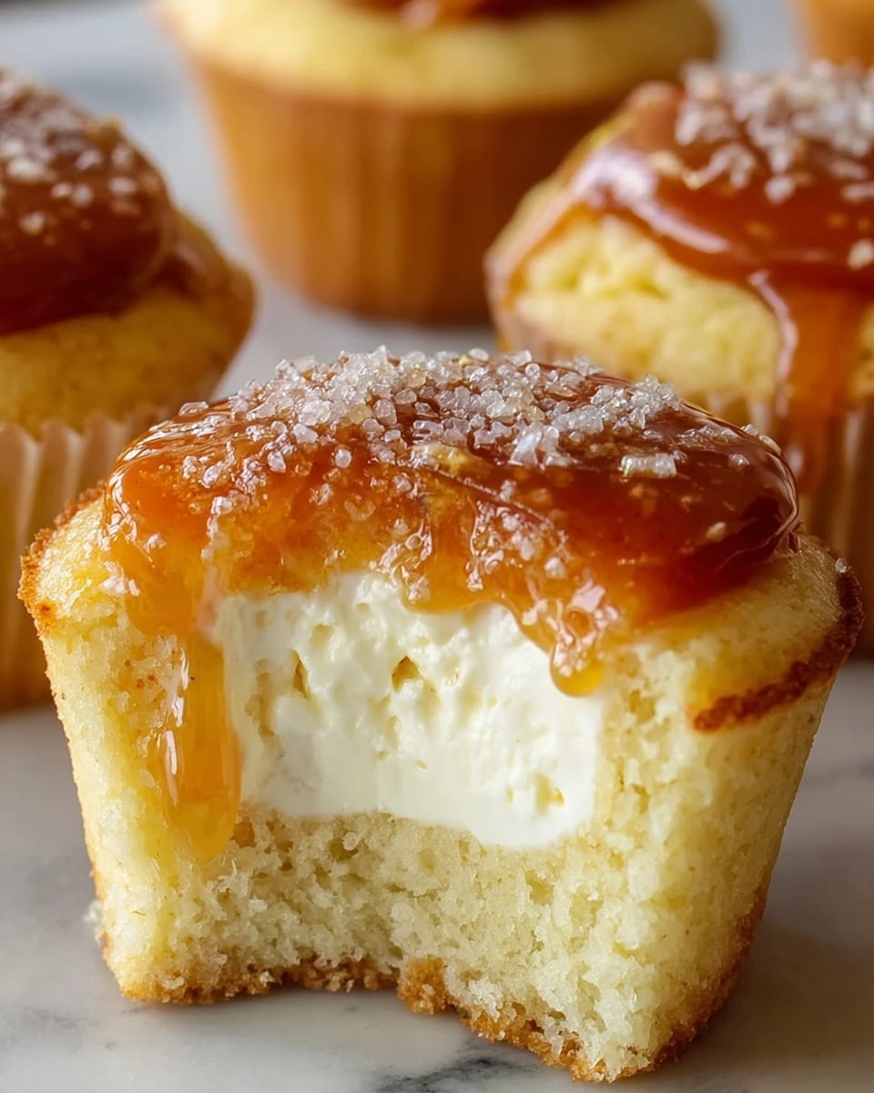 A close-up view of a cupcake with three visible layers: the bottom layer is a light golden-brown cake base with a slightly crumbly texture, the middle layer is thick and creamy white filling that looks smooth and soft, and the top layer is a shiny, amber caramel glaze with small sugar crystals sprinkled across it, adding sparkle and texture. The cupcake’s edges show a bit of caramel dripping down, and it is placed on a white marbled surface with similar cupcakes blurred in the background. Photo taken with an iphone --ar 4:5 --v 7