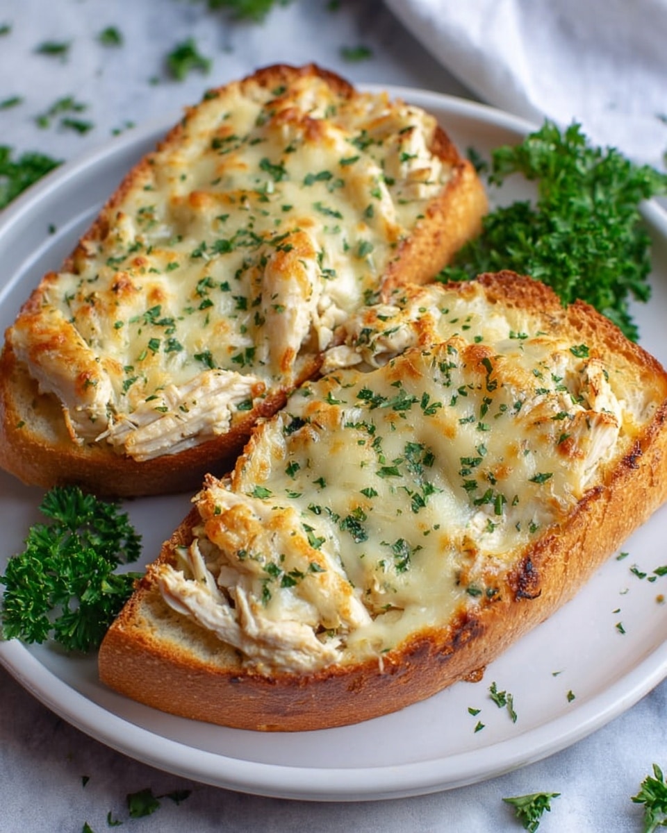 Two thick slices of toasted bread sit on a white plate, each topped with shredded white chicken pieces spread evenly across the surface. A golden layer of melted cheese blankets the chicken, showing slight browning and bubbling spots, sprinkled gently with green herbs. The bread crust is a warm brown with a slightly crispy texture, and the soft inner bread is visible around the edges. Fresh green parsley sits at the side for garnish. The plate rests on a white marbled surface with some scattered herbs around it. Photo taken with an iphone --ar 4:5 --v 7