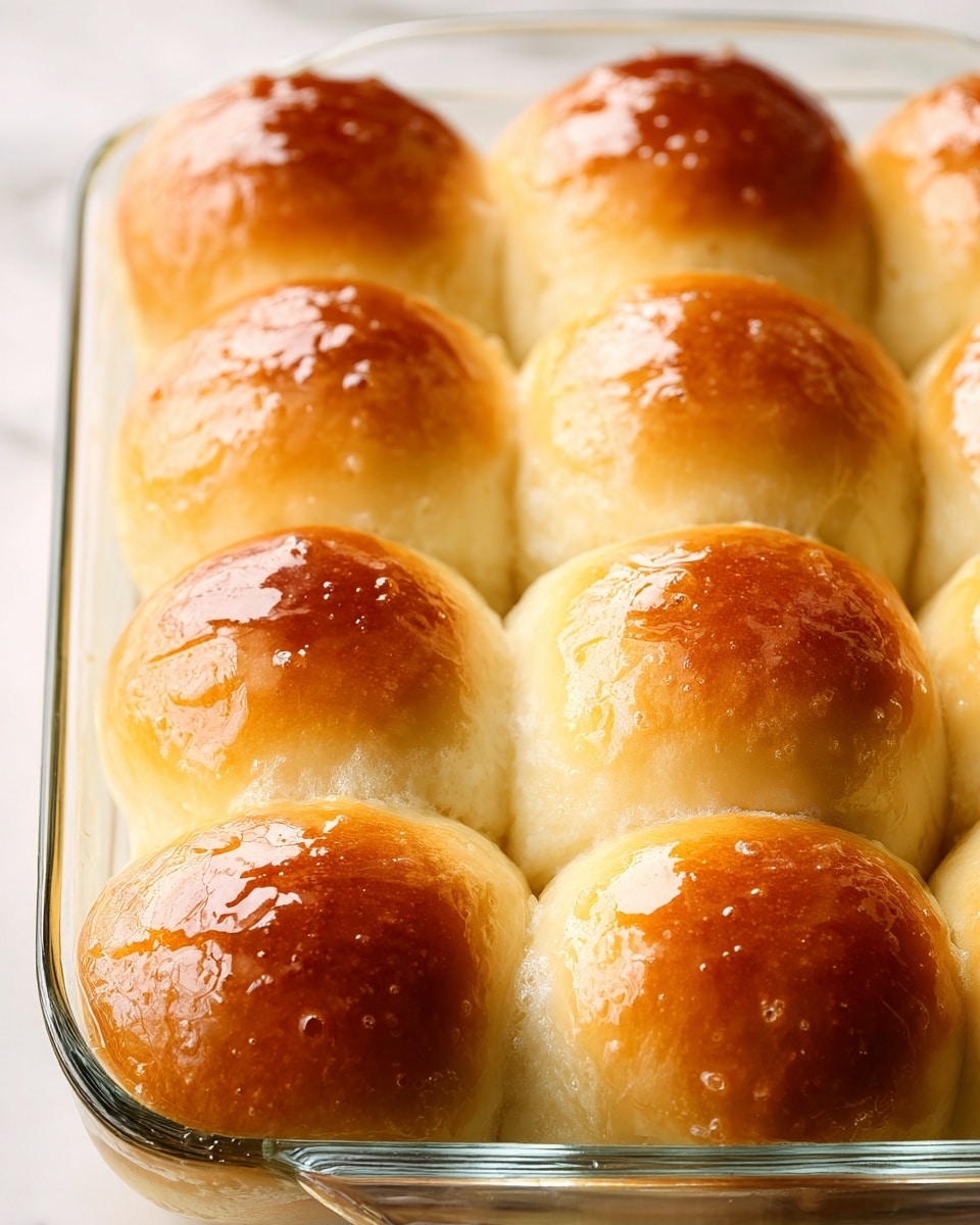 Eight shiny golden brown dinner rolls sit closely packed in a clear glass baking dish. Each roll has a smooth, glossy, and slightly sticky top that catches the light, showing fresh butter or glaze. The rolls have a soft, fluffy texture with slightly rounded tops and light creamy-colored sides touching each other inside the dish. The clear glass dish rests on a white marbled surface, with a bright and clean look in soft natural light. photo taken with an iphone --ar 4:5 --v 7