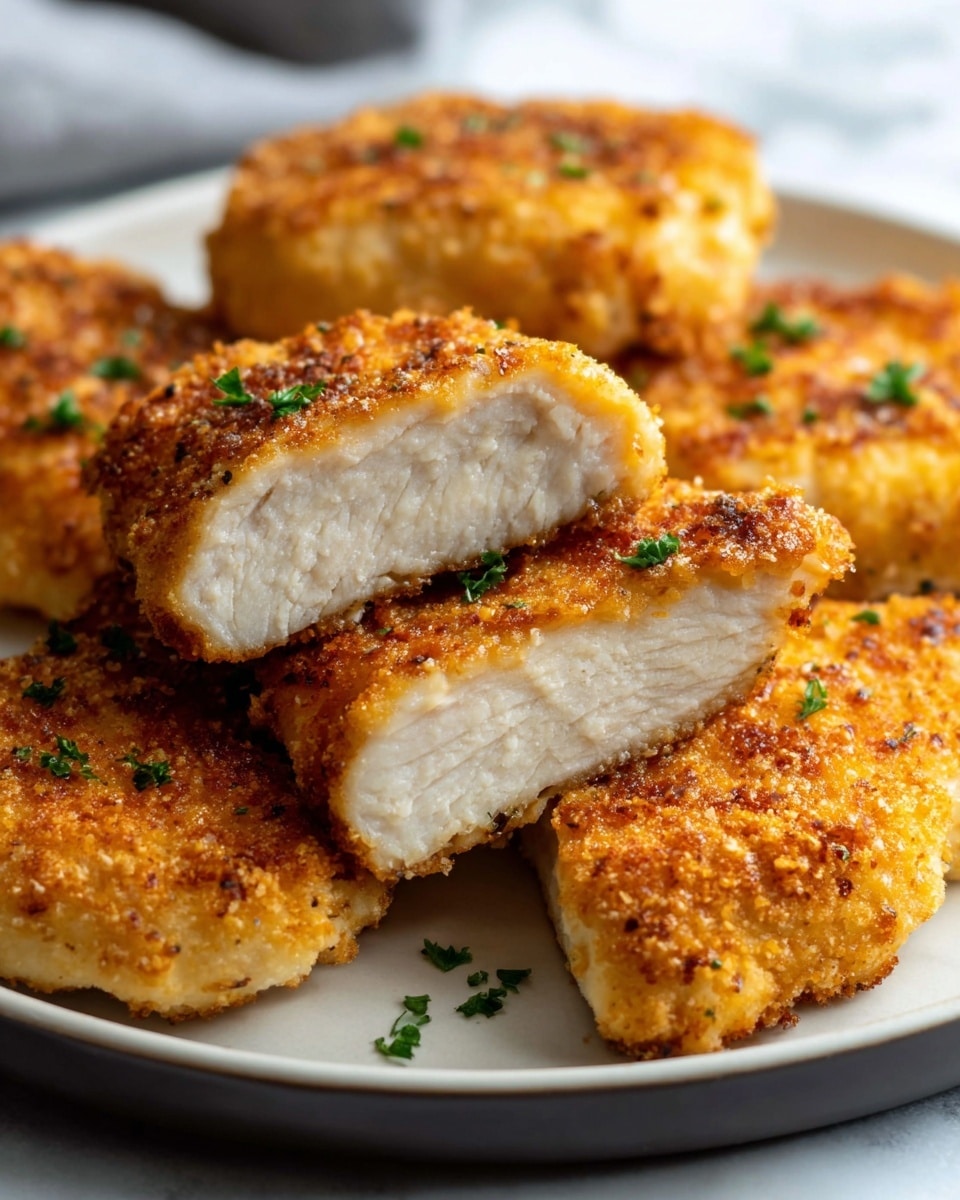 A blue shallow round plate holds a golden brown crispy breaded chicken cutlet on the right side, sprinkled lightly with small pieces of green parsley. On the left side, there is a nest of creamy white fettuccine pasta with a smooth, rich texture. Behind the pasta, several pieces of roasted green asparagus tips are placed. The plate sits on a white marbled surface with a silver fork nearby. photo taken with an iphone --ar 4:5 --v 7