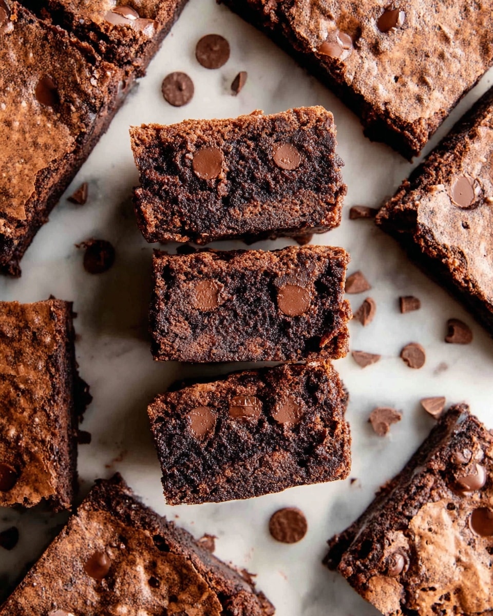A close-up top view of nine square-shaped chocolate brownies arranged on a white marbled surface, with three brownies stacked in the center showing their dense, dark brown inside filled with lighter brown chocolate chips, the top layer of the brownies is cracked and slightly crispy, and scattered chocolate chips and crumbs are visible around the edges, creating a rich and fudgy appearance; photo taken with an iphone --ar 4:5 --v 7