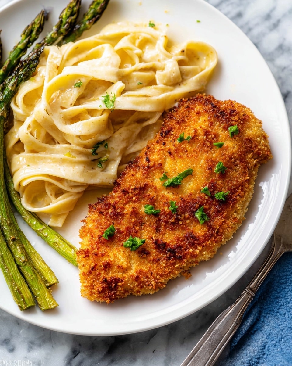 A white plate with a crispy golden-brown breaded chicken cutlet garnished with small green parsley pieces on the right side. On the left side, there is a serving of creamy off-white fettuccine pasta with a smooth texture, slightly coiled. At the top left corner of the plate, a few spears of grilled green asparagus rest with a slightly charred look. The plate is on a white marbled surface with a silver fork placed to the right edge. The photo taken with an iphone --ar 4:5 --v 7