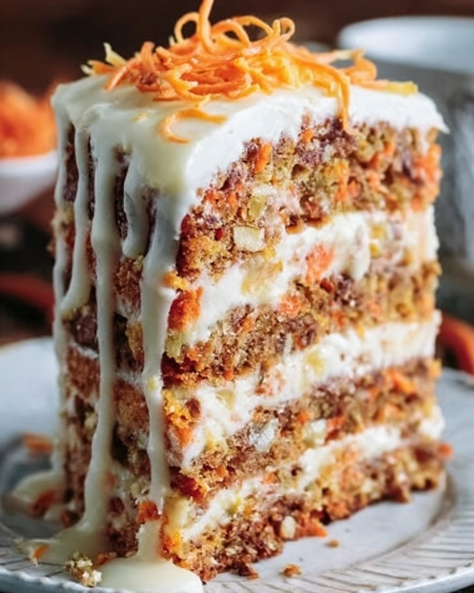 A tall slice of carrot cake with multiple thick layers is shown on a white plate. Each light brown cake layer is filled and coated with creamy white frosting. There are visible bits of orange carrot and small pieces of nuts inside the cake layers. A drizzle of white icing runs down the sides of the slice, adding a glossy texture. The top of the cake is covered with smooth white frosting and decorated with thin, curly strands of orange carrot. The background features a white marbled surface, and a woman's hand is gently holding the cake slice from the side. Photo taken with an iphone --ar 4:5 --v 7