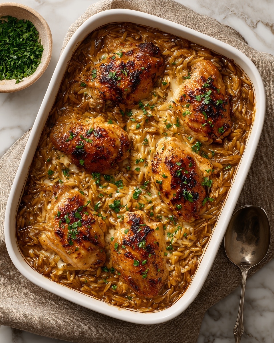 A white rectangular baking dish holds a baked meal with five golden-brown, lightly charred chicken pieces on top. The chicken looks juicy with a slightly crispy skin and is sprinkled with small bits of fresh green herbs. Surrounding and underneath the chicken are layers of soft, brownish orzo pasta soaked in a thick, savory sauce that appears rich and glossy. The dish rests on a beige linen cloth placed on a white marbled surface. A spoon is placed to the right side of the dish, and a small bowl of extra chopped herbs sits to the top left corner. photo taken with an iphone --ar 4:5 --v 7
