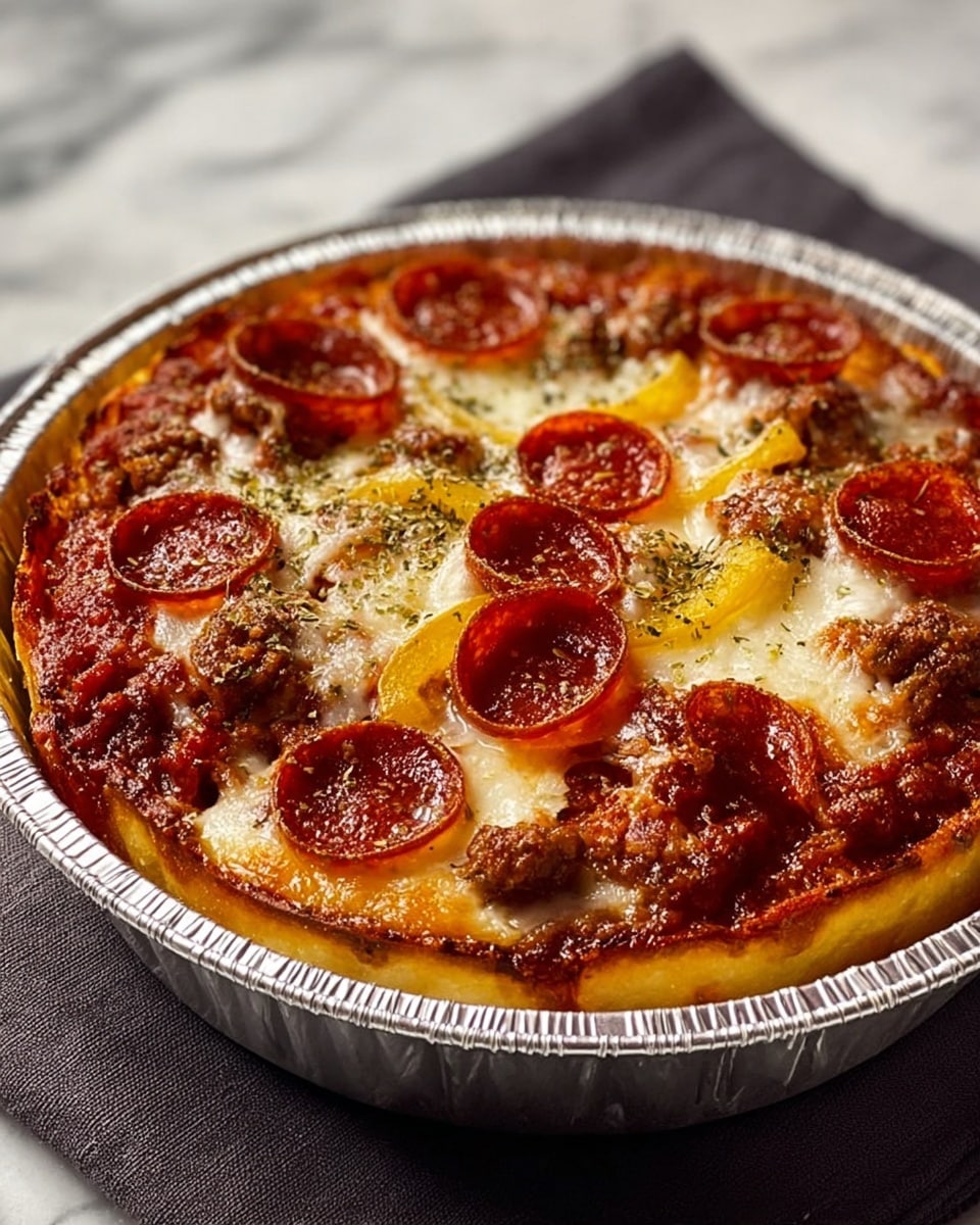 The image shows a deep-dish pizza in a silver foil pan with three visible layers. The bottom layer is a thick, golden brown crust. The middle layer is a rich red tomato sauce with chunks of browned sausage and melted white cheese melting over it. The top layer has round, shiny red pepperoni slices arranged over melted cheese with some yellow bell pepper pieces at the side, sprinkled with dried herbs. The pizza rests on a dark gray cloth on a white marbled surface. Photo taken with an iphone --ar 4:5 --v 7