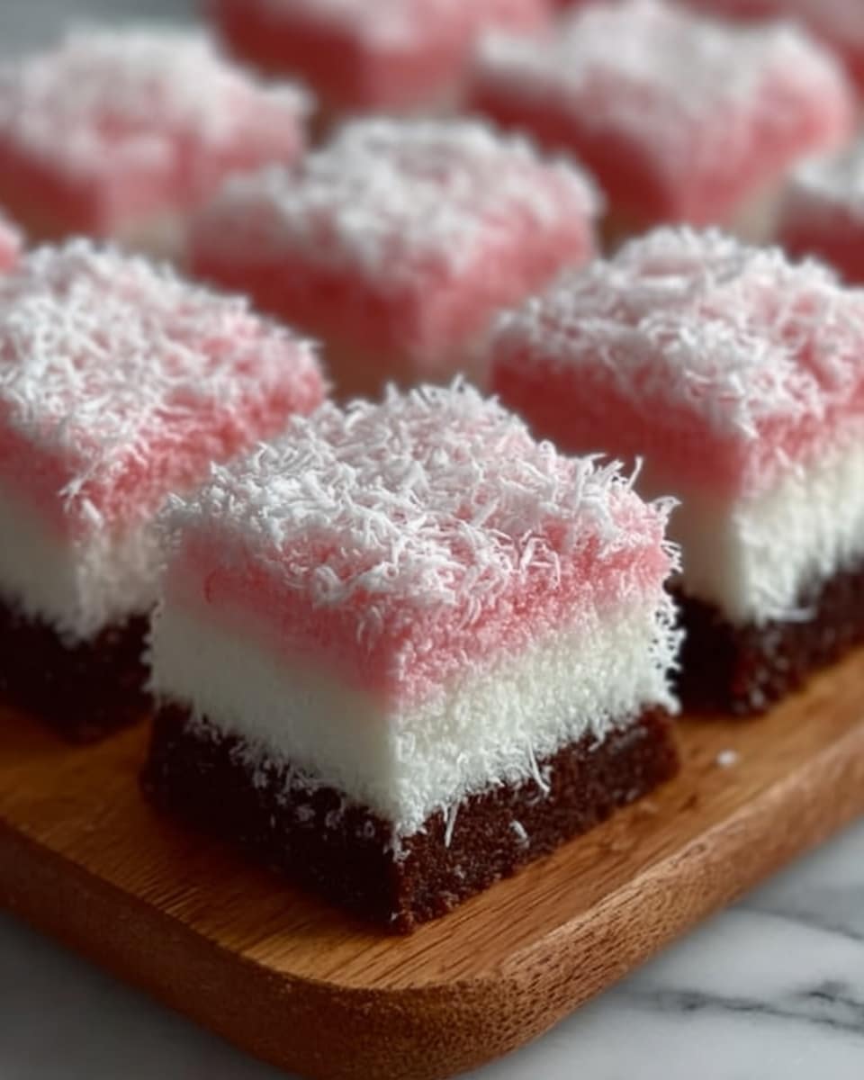The image shows a close-up of a group of square-shaped layered desserts arranged on a wooden board. Each piece has three layers: the bottom layer is dark brown with a smooth texture, the middle layer is thick and white, and the top layer is light pink with a fluffy texture, sprinkled with white shredded coconut. The background surface is a white marbled texture. Photo taken with an iphone --ar 4:5 --v 7