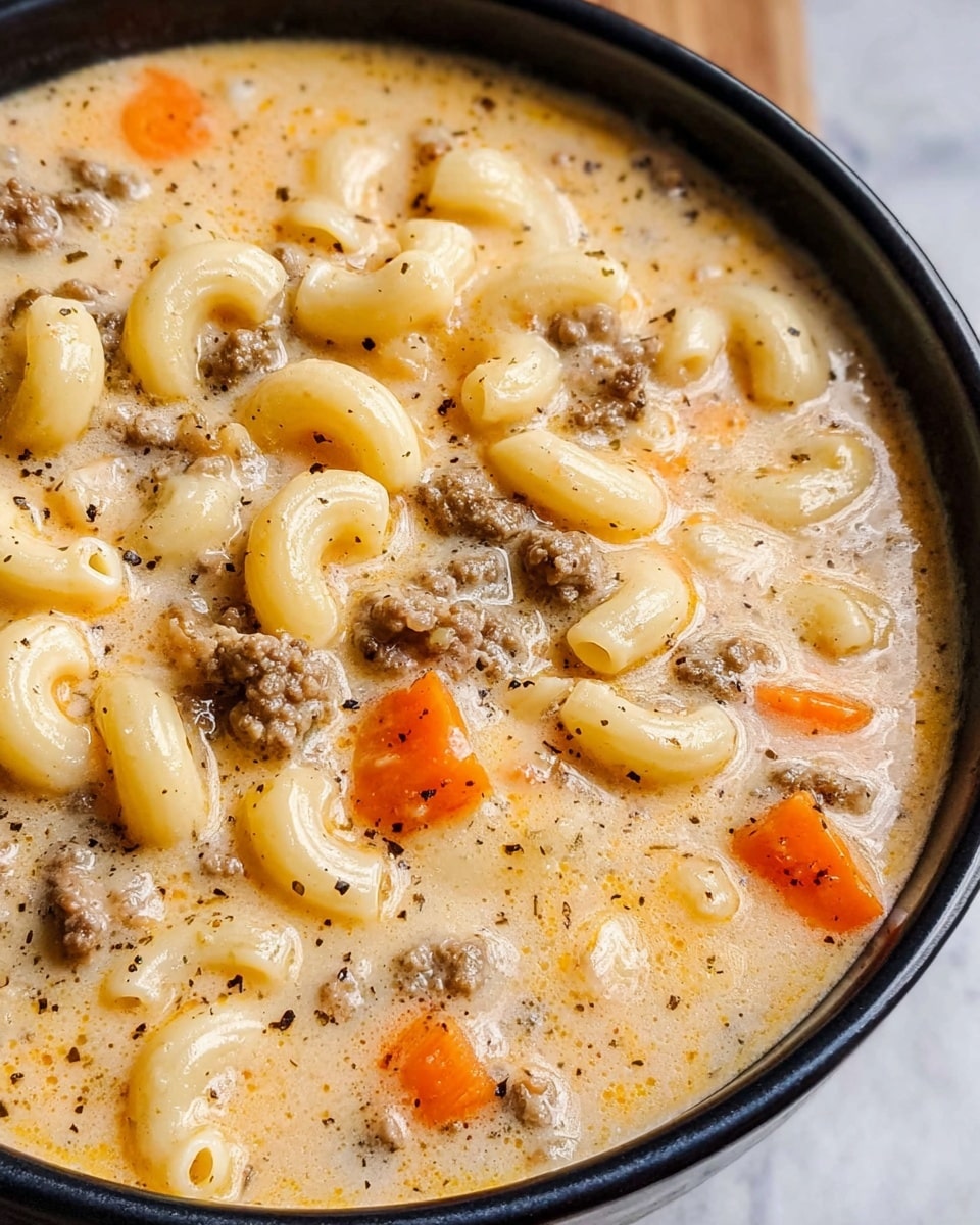 A close-up view of creamy macaroni soup in a white bowl, showing three main layers: curved pale yellow macaroni pieces, small brown ground beef bits, and soft orange carrot cubes, all mixed evenly in a thick, light beige creamy broth with specks of black pepper on top. The bowl's rim is black, contrasting with the white color of the bowl itself, and the scene is set on a white marbled background. The soup looks warm and smooth, with a consistent texture and a cozy feel. photo taken with an iphone --ar 4:5 --v 7