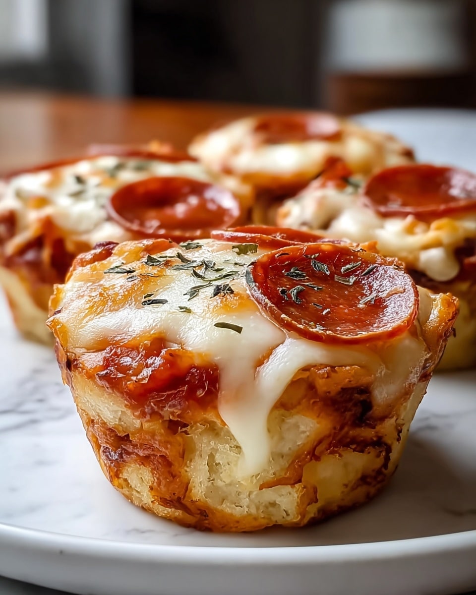 Three small pizza muffins sit on a white plate over a white marbled surface. Each muffin has a golden brown crust base with visible layers of soft, baked dough. The middle layer is tomato sauce with a rich red color, topped with melted mozzarella cheese that is creamy white and slightly browned on the edges. On top of each muffin, there is a slice of shiny, dark red pepperoni with a light sprinkling of green herbs. The texture shows soft melted cheese spreading over the pepperoni and crust edges. A blurred kitchen background is faintly visible. Photo taken with an iphone --ar 4:5 --v 7