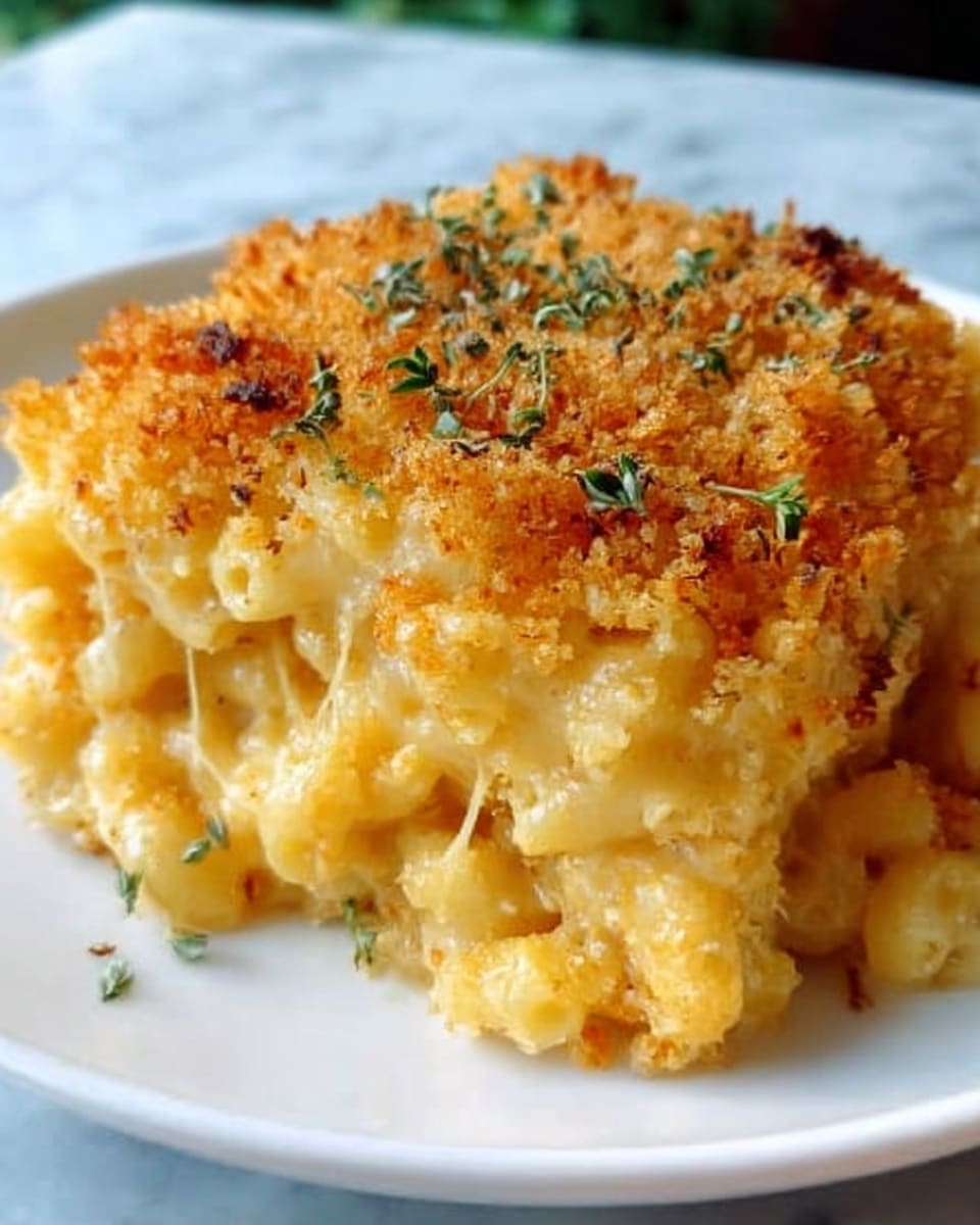 A close-up image of a single serving of baked macaroni and cheese on a white plate, showing two clear layers: the bottom layer is creamy, gooey yellow macaroni with melted cheese strings, and the top layer is a golden brown crispy breadcrumb crust sprinkled with small green herbs. The plate sits on a white marbled surface. Photo taken with an iphone --ar 4:5 --v 7