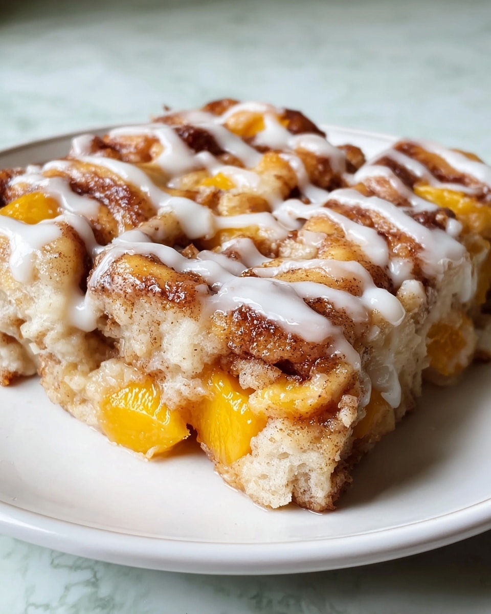 A close-up image shows a square slice of peach cinnamon rolls on a white plate, sitting on a white marbled surface. The dish has two main layers: the base is a soft, light brown dough with hints of cinnamon swirls, and embedded within are bright yellow-orange peach chunks. On top, there is a generous drizzle of white icing applied in a loose crisscross pattern. The cinnamon parts look caramelized and slightly darker brown, adding texture contrast to the soft dough and juicy peaches. Photo taken with an iphone --ar 4:5 --v 7