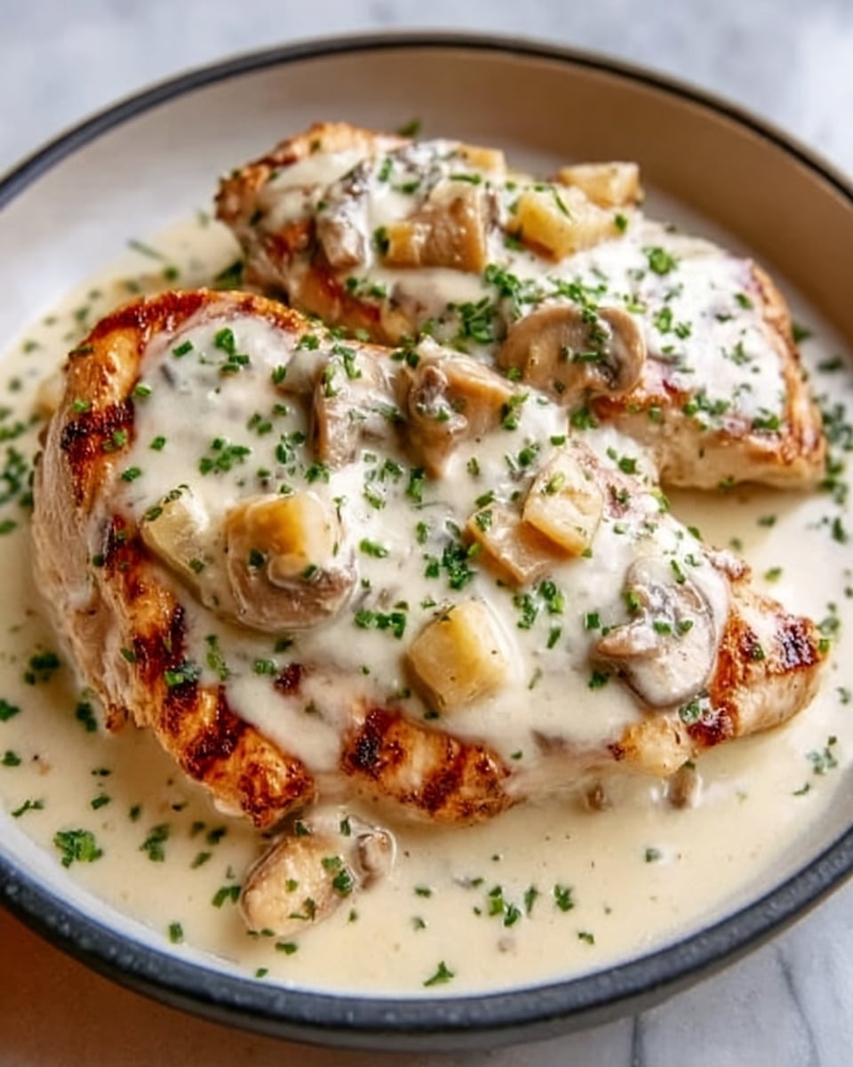 The image shows a white plate with two pieces of grilled chicken breast on it. The chicken has light brown grill marks and is topped with a creamy white sauce that covers most of the chicken surface. Small diced pieces of light brown mushrooms are scattered on top of the sauce. Green chopped herbs are sprinkled over the dish, adding a touch of color and freshness. The background is a white marbled texture, and the photo taken with an iphone --ar 4:5 --v 7