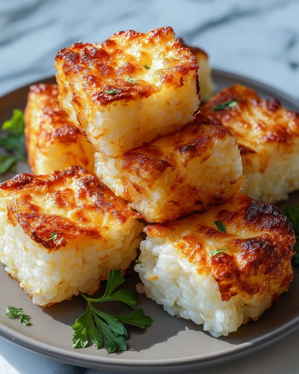 The image shows a close-up of six golden brown baked cheese rice bites piled on a white plate. Each bite is cube-shaped with a crispy, browned cheese crust on top and around the edges, while the inside has soft, creamy white rice texture. The rice is tightly packed with melted cheese showing an uneven bubbly surface with some darker roasted spots. A few small green parsley leaves are scattered around the plate for decoration. The plate rests on a white marbled surface with natural light highlighting the warm, melted cheese and soft rice layers. photo taken with an iphone --ar 4:5 --v 7
