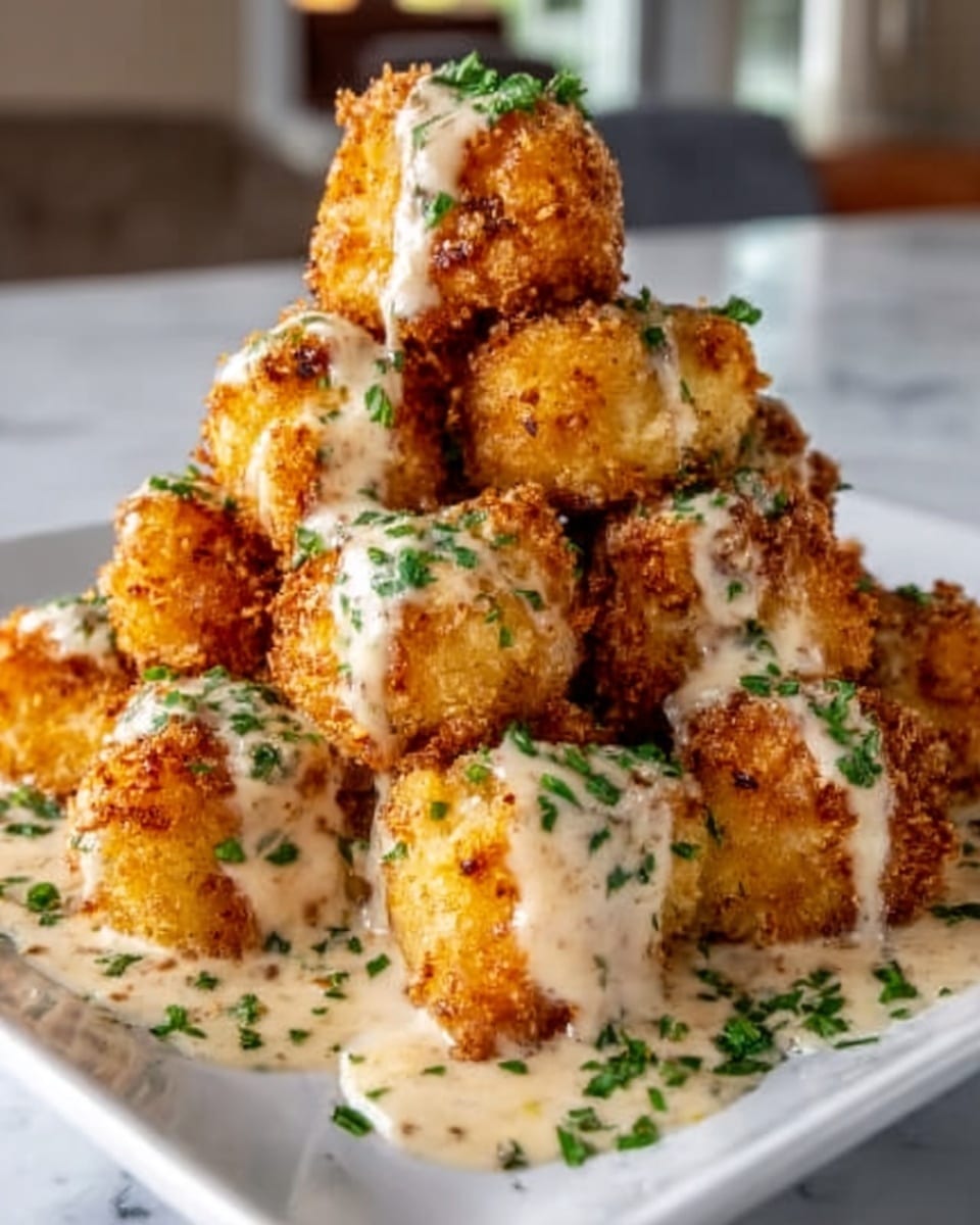 The image shows a white square plate full of crispy golden brown fried cauliflower bites stacked in a pyramid shape. The cauliflower appears crunchy with a rough textured coating. It is covered with a creamy light beige sauce that has herbs mixed in, dripping down the sides of the cauliflower pieces. Finely chopped green herbs are sprinkled evenly over the sauce, adding a fresh color contrast. The plate sits on a white marbled surface, and the background is softly blurred. Photo taken with an iphone --ar 4:5 --v 7