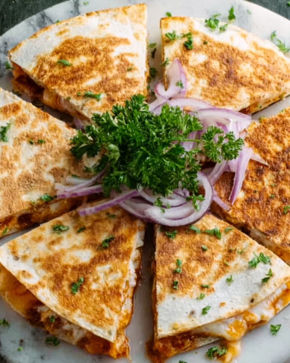 A white plate on a white marbled surface holds eight triangular slices of quesadilla arranged in a circular pattern, showing a golden-brown crispy outer layer with some darker toasted spots. Each slice reveals a melted, gooey cheese layer with a slightly orange tint and bits of red filling peeking out near the edges. The center of the plate is topped with thinly sliced red onions, finely chopped fresh green herbs, and small sprigs of greenery, adding a fresh, colorful contrast to the warm tones of the quesadilla. A small bowl with a dip, creamy in texture, is partially visible at the top left of the plate. Photo taken with an iphone --ar 4:5 --v 7
