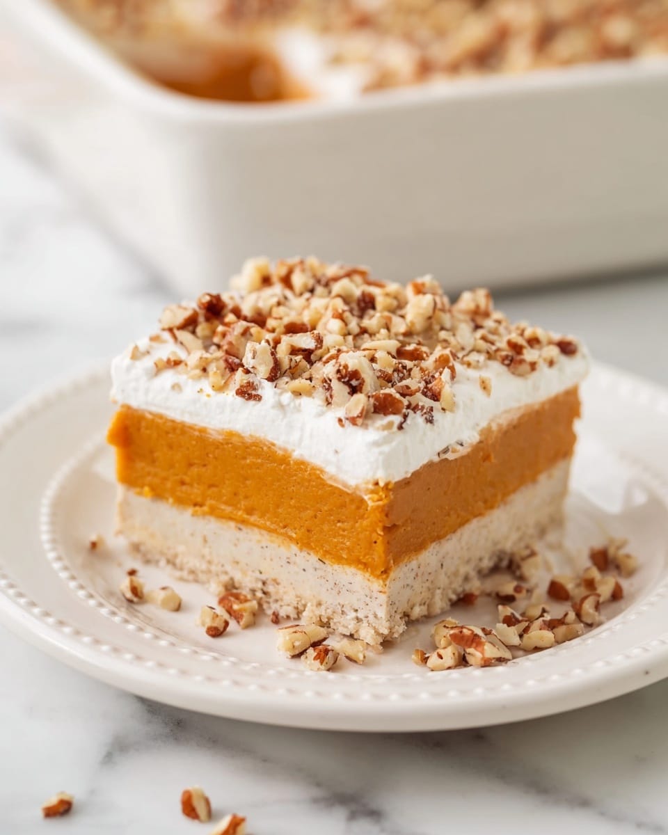 A square-shaped layered dessert sits on a white plate with a simple dotted edge design, placed on a white marbled surface. The dessert features three layers: the bottom layer is a light beige crust with small nut pieces visible; the middle layer is thick, smooth, and orange-colored, resembling pumpkin or sweet potato filling; the top layer is a fluffy white cream topped with a generous amount of chopped nuts scattered unevenly, with a few nut pieces spilled around on the plate. The background shows a white baking dish filled with the same dessert. photo taken with an iphone --ar 4:5 --v 7
