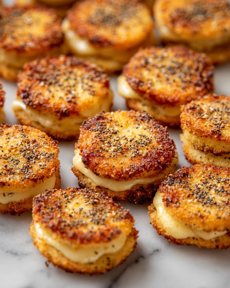The image shows many small, round sandwich cookies arranged closely together on a white marbled surface. Each sandwich has two thin, golden-brown, crispy layers sprinkled with tiny black and white seeds on top, giving a speckled appearance. Between these layers is a thick, smooth, pale yellow creamy filling that slightly oozes out from the sides. The cookies have a crunchy texture with browned edges and the seeds add a speckled texture on the top layer. photo taken with an iphone --ar 4:5 --v 7