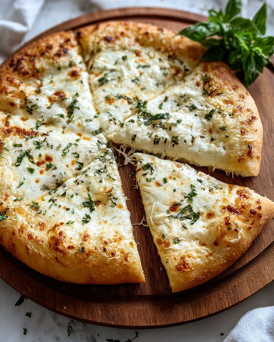 A close-up of a cheese pizza on a round wooden board, cut into six slices with one slice slightly pulled out to the right. The pizza has a thick, soft crust with a golden brown edge. The first layer is a light, creamy melted cheese spread evenly across the surface, with patches of bubbly browned cheese giving texture. Scattered green herbs sprinkle the top, adding a delicate touch of color. The pizza rests on a white marbled texture surface with a small green basil leaf in the background. Photo taken with an iphone --ar 4:5 --v 7