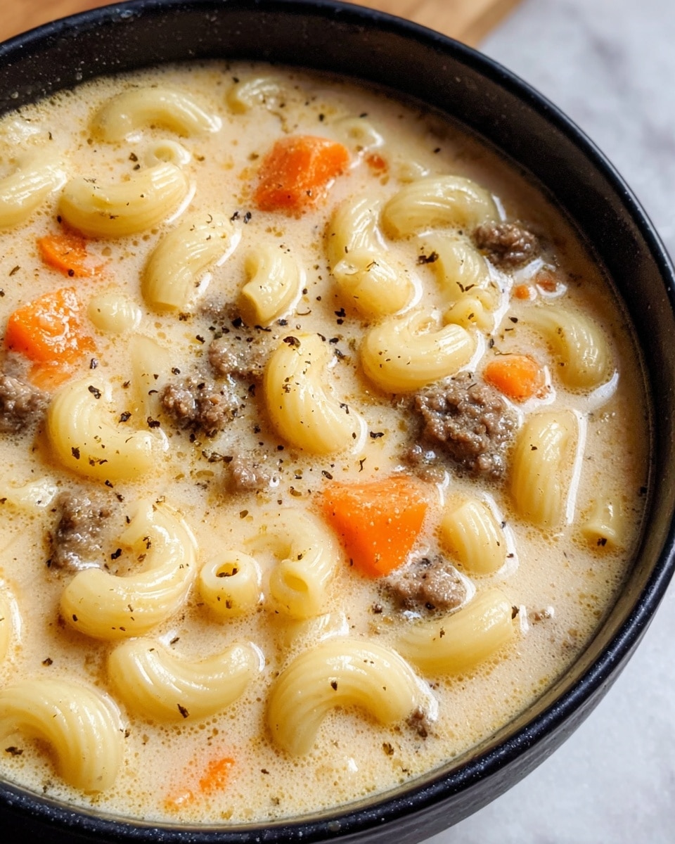 A close-up view of a creamy macaroni soup served in a white bowl with a black rim, filled with soft elbow macaroni visible in a thick beige broth, chunks of ground beef scattered throughout, and small diced bright orange carrots adding color contrast. The soup has a smooth and slightly glossy texture with small black pepper specks mixed in. The bowl sits on a white marbled surface with part of an orange item blurred in the background. photo taken with an iphone --ar 4:5 --v 7