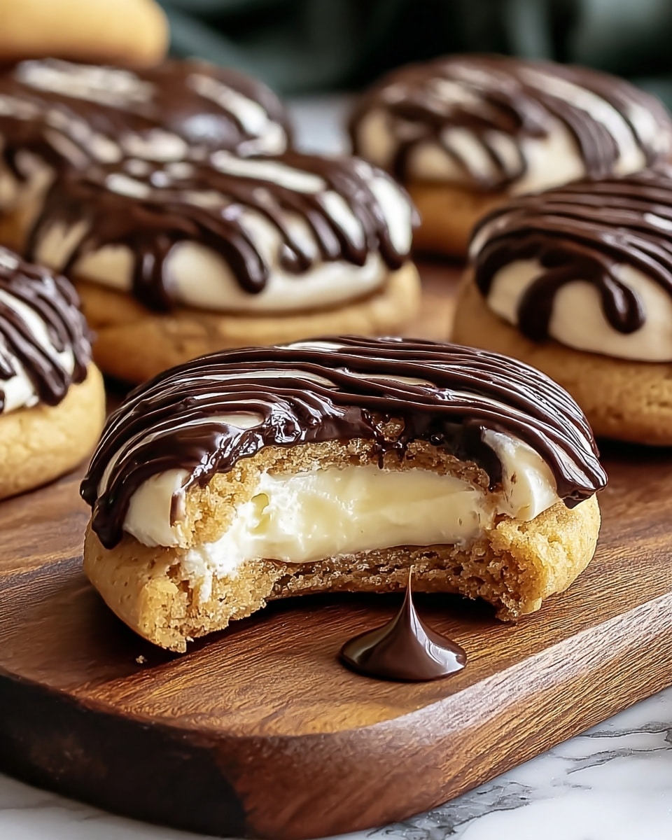 A close-up shot of a round cookie broken in half to show a smooth, creamy white filling inside. The cookie base is light golden brown with a soft texture, topped with glossy dark chocolate drizzled in thin, wavy lines across the top. More similar whole cookies with the same cream filling and chocolate drizzle are blurred in the background. All cookies rest on a wooden board with a small dollop of dark chocolate near the broken cookie. The scene is set on a white marbled texture surface. photo taken with an iphone --ar 4:5 --v 7