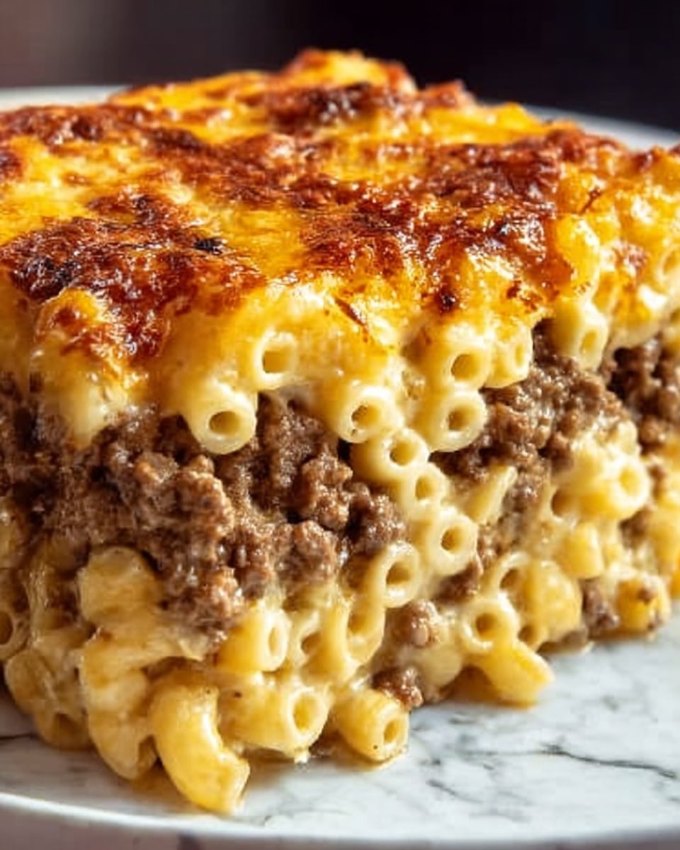 The image shows a close-up of a thick, square slice of baked macaroni and cheese with ground beef mixed inside. The bottom layer is yellowish macaroni pasta with a creamy, cheesy texture. The middle layer is a brown, crumbly cooked ground beef filling spread evenly through the pasta. The top layer is a golden-brown melted cheese crust with slight bubbling and toasted spots. The dish sits on a white plate, with a small part of a woman's hand visible, holding the plate on the left side. The background is a white marbled surface. Photo taken with an iphone --ar 4:5 --v 7