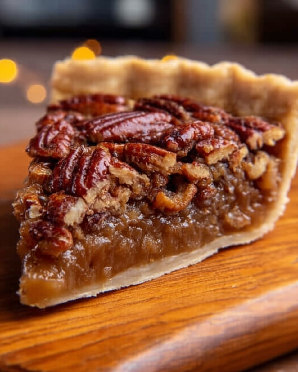 A close-up image of a slice of pecan pie placed on a wooden surface with a white marbled background. The pie has three visible layers: a flaky light brown crust at the bottom, a thick golden brown filling in the middle, and a top layer covered with whole pecan halves that are toasted and glossy with syrup. The top nuts create a textured, rough appearance contrasting with the smooth middle layer. Photo taken with an iphone --ar 4:5 --v 7