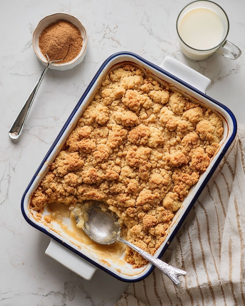 A baked crumble dessert is shown in a white rectangular baking dish with two handles, filled with a thick, golden brown, crumbly topping layer that looks crispy and uneven in texture. A silver spoon rests on the right side, partially scooping out a piece, revealing a softer brown layer underneath the crumble. Above the dish, a small white bowl with light brown granules and a glass of light beige liquid stand on a white marbled surface. A beige and white striped cloth is placed slightly under the baking dish on the bottom right side. photo taken with an iphone --ar 4:5 --v 7