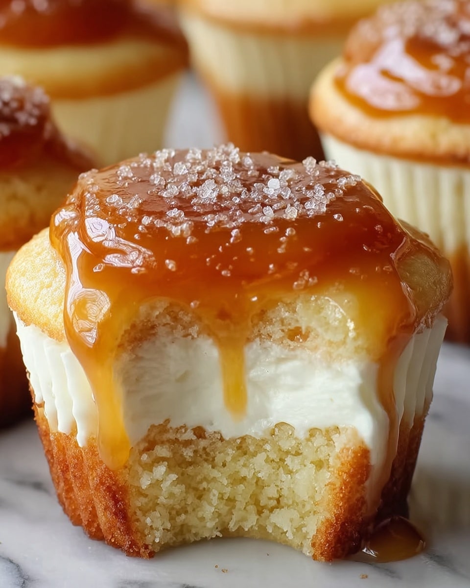 A close-up of a cupcake with three clear layers: the bottom layer is a golden brown baked cake with a slightly crumbly texture, the middle layer is thick, smooth, and white creamy filling taking up most of the cupcake’s height, and the top layer is a shiny, caramel-colored glaze with a slightly sticky texture and small sugar crystals sprinkled on top. The cupcake is shown on a white plate set on a white marbled surface, and a bite has been taken out, revealing the inside layers. Photo taken with an iphone --ar 4:5 --v 7