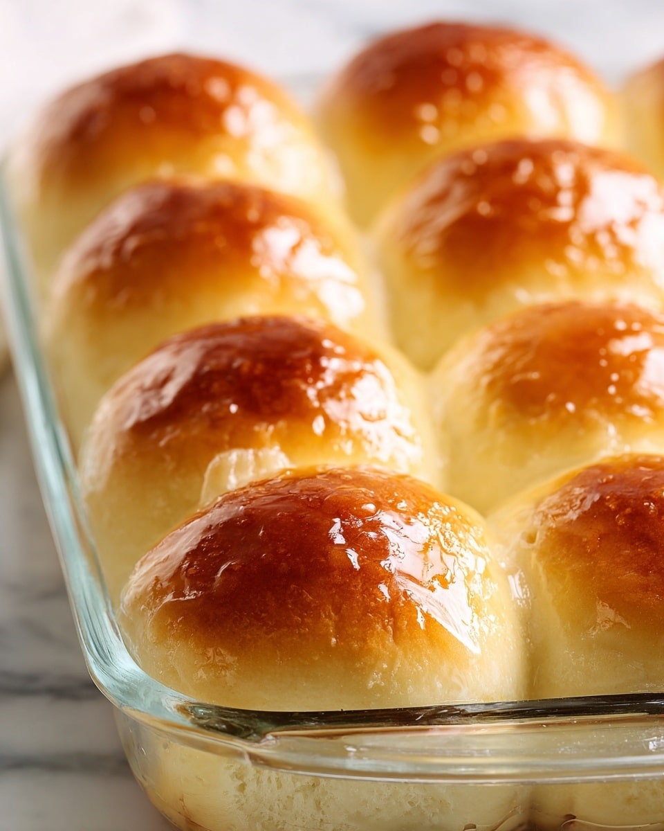 The image shows a close-up of nine soft bread rolls baked together in a clear glass rectangular dish, arranged in three rows of three. Each roll is golden brown on top with a shiny glaze that makes the surface look smooth and slightly wet. The bread's texture below the glowing top is soft and fluffy, with a pale cream color. The dish sits on a white marbled surface, adding a subtle, elegant background to the warm tones of the bread. photo taken with an iphone --ar 4:5 --v 7