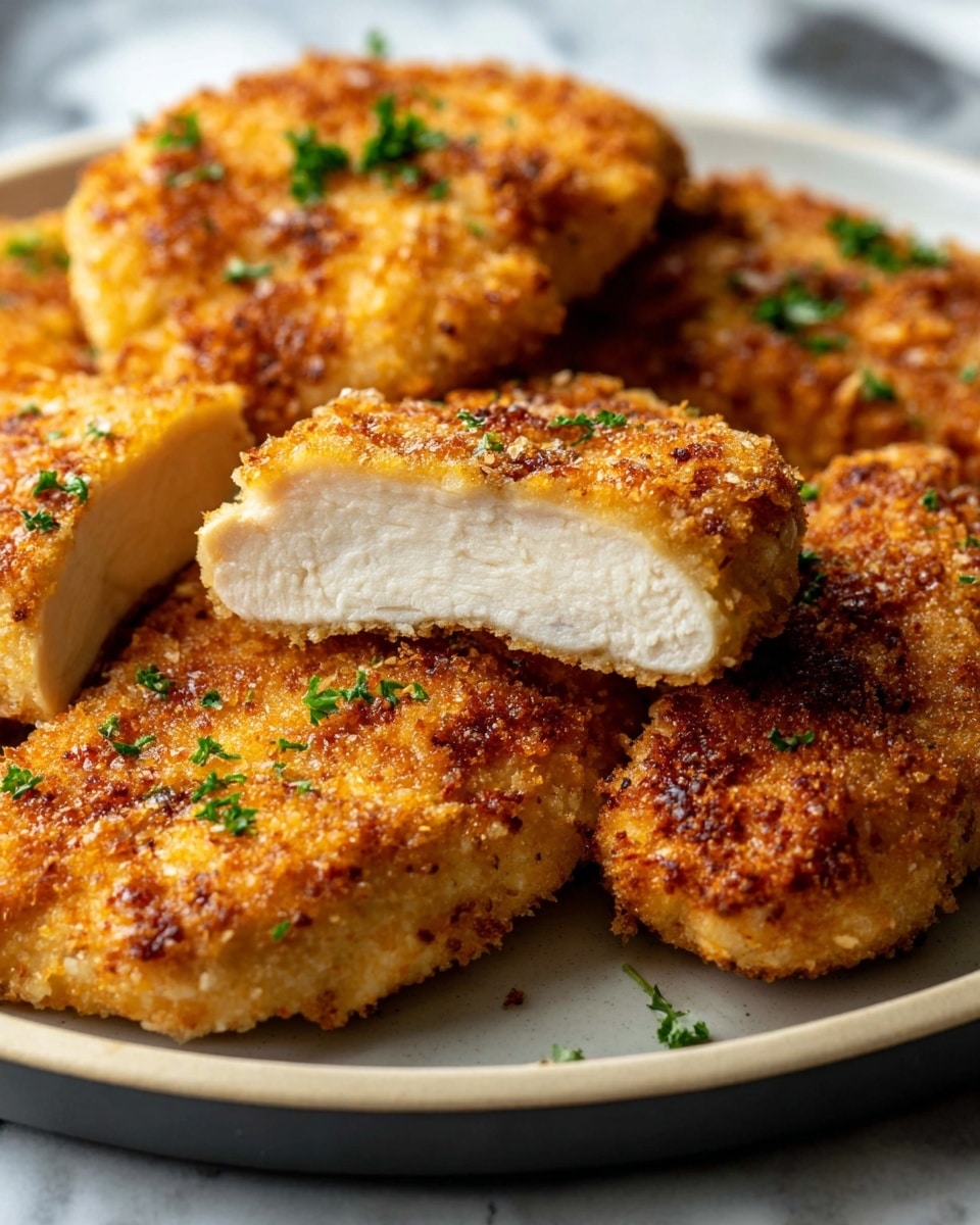 The image shows a meal on a round white plate with a blue inner surface, featuring three main parts. On the right side is a large, golden-brown breaded and crispy chicken cutlet with small green herbs sprinkled on top. To the left of the chicken is a mound of creamy, off-white fettuccine pasta, twisted loosely with smooth sauce coating the noodles. In the upper left corner of the plate, there are several pieces of grilled asparagus with charred tips, adding a dark green color and slightly rough texture. The plate is set on a white marbled surface, and there is a silver fork visible at the bottom right corner. Small bits of green herbs are scattered on the surface around the plate. photo taken with an iphone --ar 4:5 --v 7