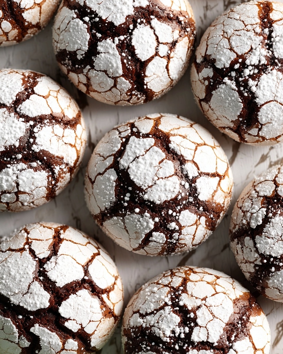 Seven round chocolate cookies covered with a cracked layer of white powdered sugar are spread out on a surface with a white marbled texture that looks like wood. Each cookie shows deep, dark brown color beneath the cracked white top, giving a rough, broken pattern effect. One cookie in the center has a small bite taken out of it, showing the inside's moist, rich texture. The cookies vary slightly in size and placement, filling the frame evenly. photo taken with an iphone --ar 4:5 --v 7
