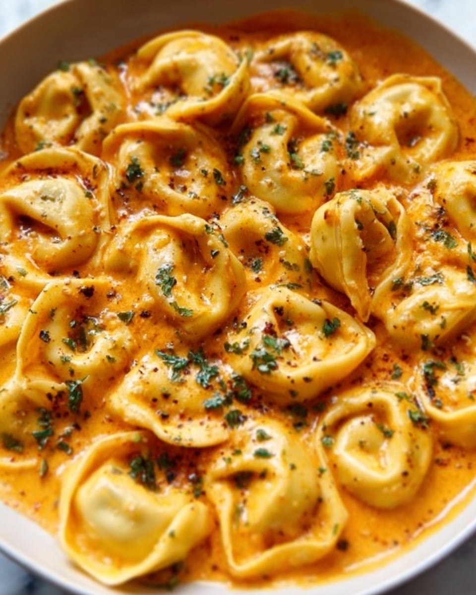 A close-up view of many tortellini pasta pieces in a creamy orange sauce inside a white bowl. The tortellini are plump with a soft, smooth texture and are covered in the sauce, which has a rich, velvety look with small green herb bits sprinkled on top. The sauce fills the bowl enough to almost cover the pasta, highlighting each piece's round shape. The colors are warm, with the pasta being light yellow and the sauce a mix of orange and cream. The photo is taken on a white marbled surface with natural lighting that shows the dish’s glossy, appetizing finish. Photo taken with an iphone --ar 4:5 --v 7