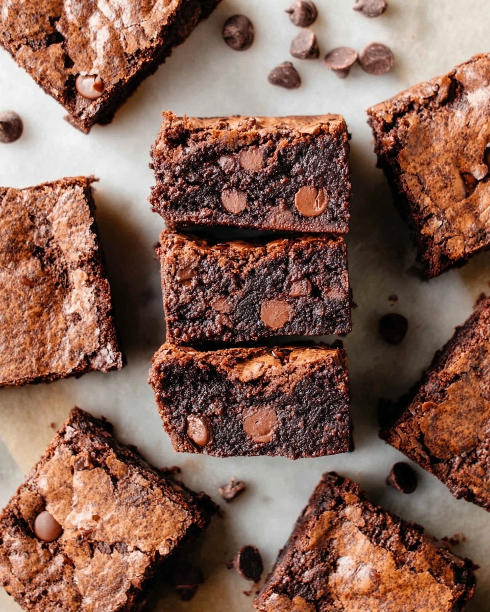 This image shows a close-up of several thick, rectangular chocolate brownies arranged on a white marbled surface with light brown parchment paper underneath. The brownies have a rich, dark brown color with a slightly cracked, shiny top layer. The inside reveals a dense, moist texture with visible chocolate chips embedded throughout, adding pops of lighter brown. Three brownies are stacked in the center, showing their thick cross-sections clearly, while the others lie flat around them. Scattered chocolate chips and small crumbs are visible on the parchment paper, enhancing the homemade look. photo taken with an iphone --ar 4:5 --v 7