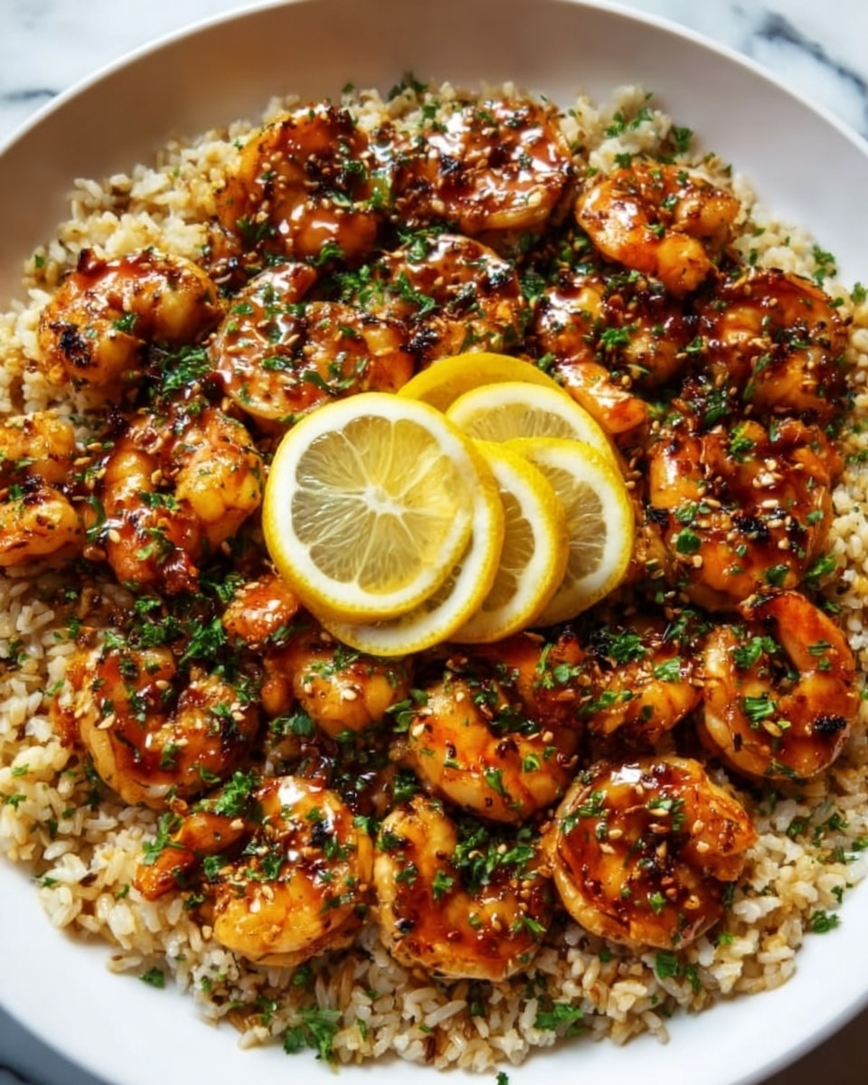A white plate holds a large serving of food layered with cooked rice on the bottom, giving a light tan and fluffy texture. On top, there are many pieces of grilled shrimp, golden brown with a slightly charred look, covered with chopped green herbs sprinkled evenly. In the center, three thin lemon slices are placed in a small stack, adding a bright yellow contrast to the dish. The dish is set on a white marbled surface. Photo taken with an iphone --ar 4:5 --v 7