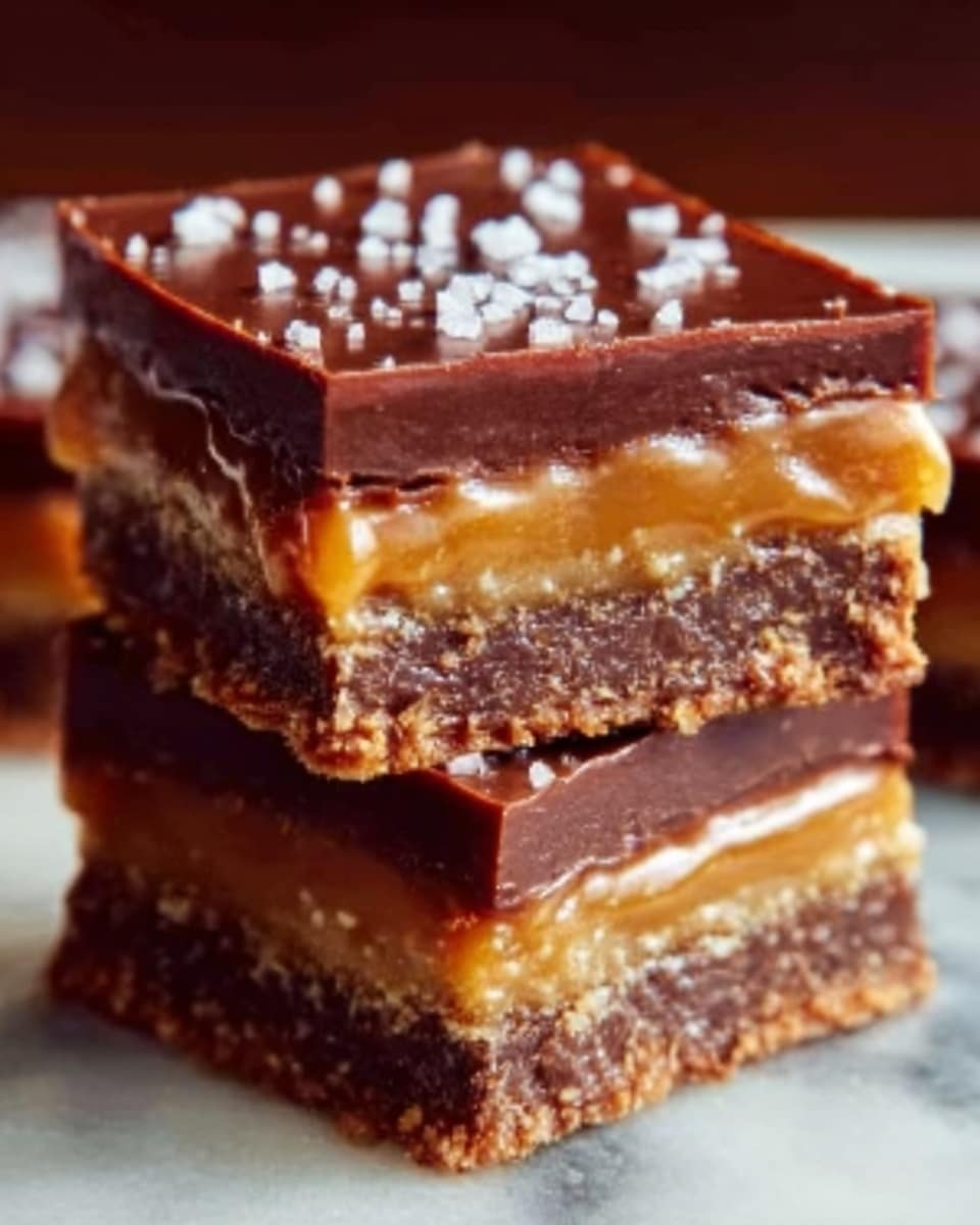 The image shows three stacked dessert bars with four clear layers: the bottom layer is a crumbly, light brown biscuit base, the next layer is a thick, smooth caramel in a golden brown color, above that is a thin, dark brown chocolate layer with a shiny texture, and the top layer is a slightly thicker dark chocolate with scattered small white flakes. The edges are clean, and the bars look rich and gooey. The dessert is on a white marbled surface. Photo taken with an iphone --ar 4:5 --v 7
