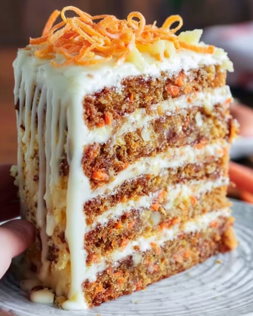 The image shows a tall slice of carrot cake with four thick layers of moist orange-brown cake filled with creamy white frosting between each layer. The outside is covered with smooth white frosting that drips slightly down the sides. On top, there is a small pile of thin, bright orange carrot shreds as decoration. The cake slice is placed on a white plate, sitting on a white marbled surface. The texture of the cake looks soft and dense with visible small carrot and nut pieces inside. Photo taken with an iphone --ar 4:5 --v 7