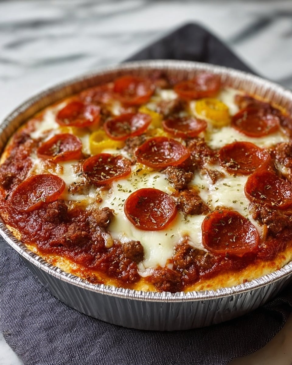 A deep round pizza with a thick golden-brown crust at the bottom, covered with a rich red tomato sauce as the first layer. On top of the sauce, there is a generous layer of melted white cheese that is stretchy and slightly browned in spots. Scattered on the cheese are round slices of pepperoni in a bright reddish color, slightly curled at the edges, and small pieces of browned sausage meat adding texture. There are also a few slices of yellow bell pepper around the edges. The whole pizza is sprinkled with dried green herbs, giving it a speckled finish. It is served in a round foil pan, placed on a dark cloth on a white marbled surface. photo taken with an iphone --ar 4:5 --v 7