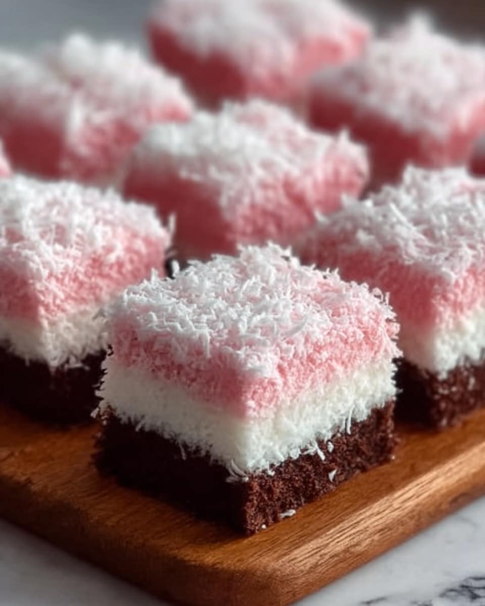 The image shows three square pieces of a dessert arranged closely on a wooden board. Each piece has three layers: the bottom layer is dark brown and looks like a soft cake, the middle layer is thick, white, and fluffy like coconut cream, and the top layer is light pink and covered with shredded white coconut flakes. The texture of the top layer is soft and slightly rough because of the coconut. The white marbled surface underneath contrasts with the warm tones of the wooden board and the dessert. photo taken with an iphone --ar 4:5 --v 7