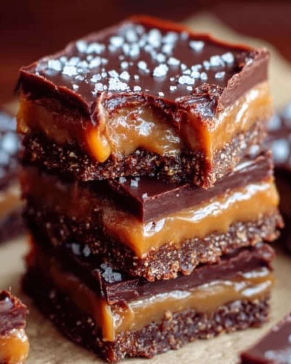 The image shows a close-up of three stacked square dessert bars, each with four clear layers. The bottom layer is a crunchy, light brown base with small nuts visible. Above that is a thick, smooth caramel layer that is shiny and golden. Next is a dark chocolate layer, rich and glossy, covering the caramel perfectly. The top layer is a thin, shiny chocolate coating sprinkled with coarse white salt crystals. The bars have clean, sharp edges, and the background is a white marbled texture. photo taken with an iphone --ar 4:5 --v 7