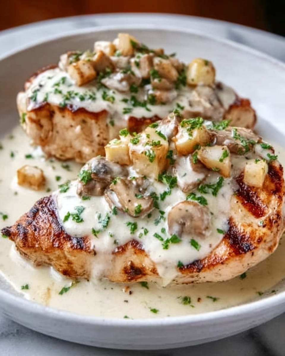 A white plate holds two grilled chicken breasts topped with a creamy light beige sauce that is smooth and thick, covering most of the chicken. On top of the sauce are small, golden-brown cooked garlic pieces scattered evenly, along with a few green herb sprinkles adding a fresh touch. The chicken breasts have visible grill marks, showing a slightly charred, dark brown texture at some edges, contrasting with the creamy sauce and garlic on top. The background is a white marbled surface. photo taken with an iphone --ar 4:5 --v 7