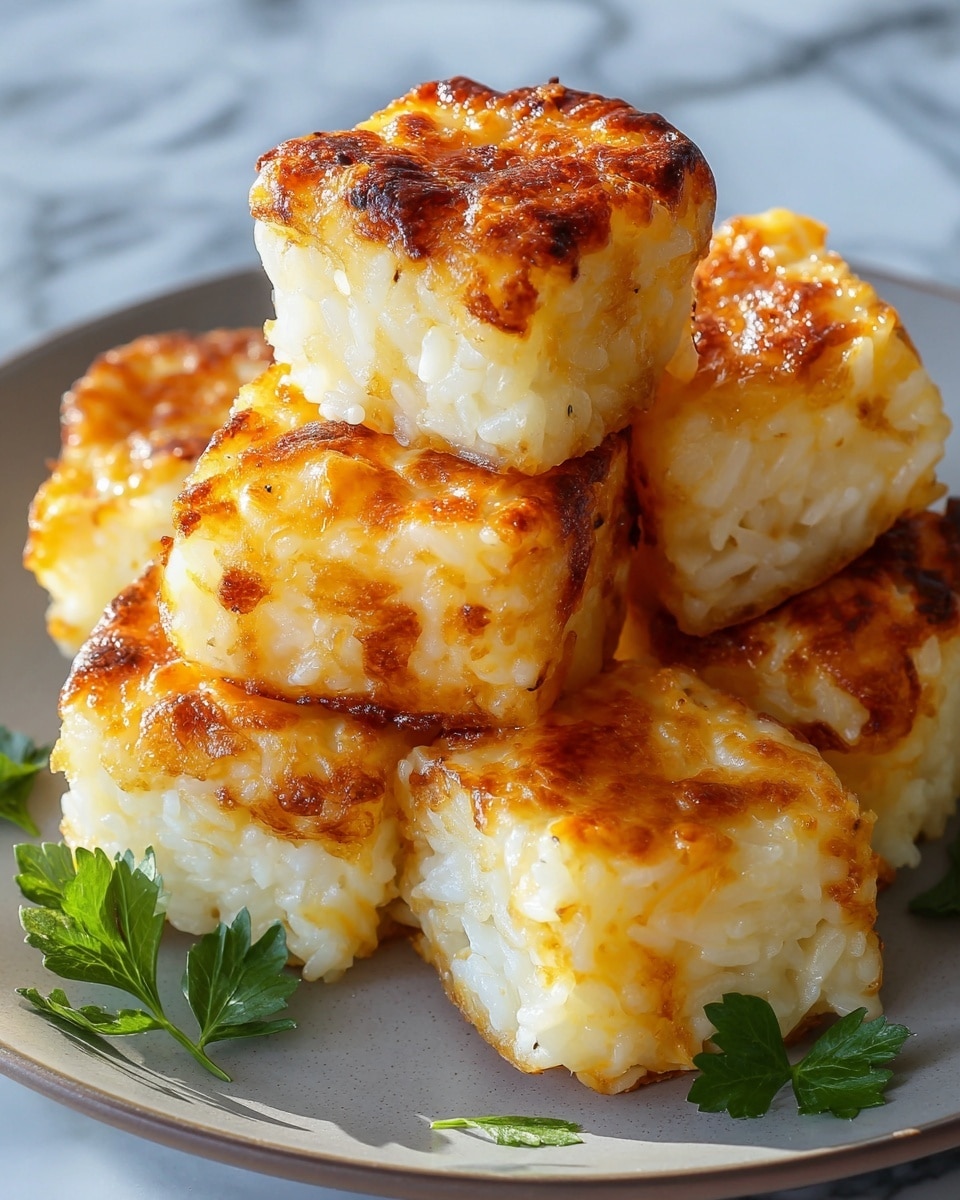 The image shows a close-up of six golden, square-shaped cheese and rice bites stacked on a white plate. Each bite has a crispy, browned cheese layer on top with some bubbly melted cheese folds, while the sides reveal soft, creamy white rice pressed together, offering a textured contrast. The plate sits on a white marbled surface with a few small green parsley leaves scattered nearby, adding a fresh touch. The lighting accentuates the crispy golden edges and soft inside of each piece, making them look warm and inviting. photo taken with an iphone --ar 4:5 --v 7