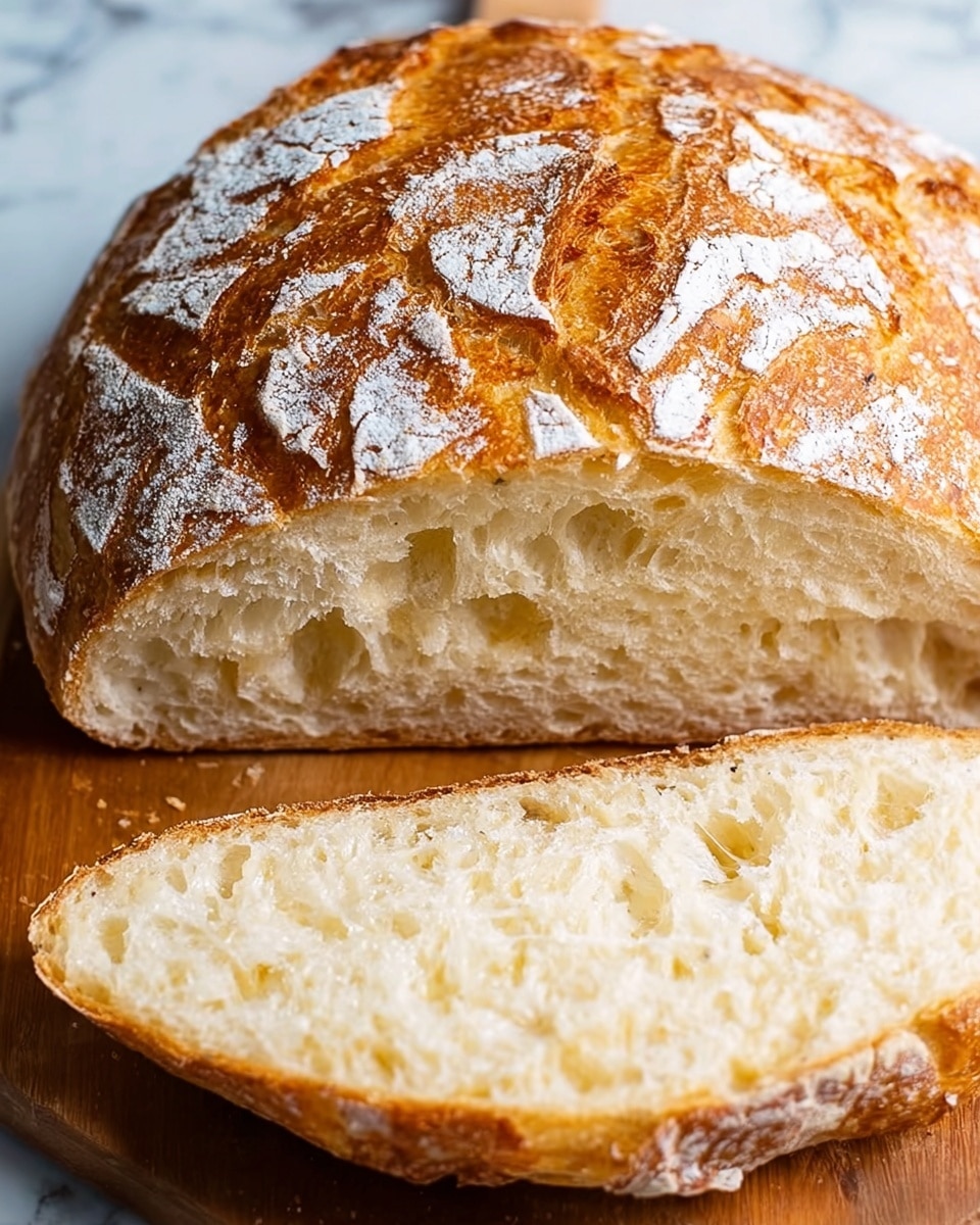 A round loaf of rustic bread with a golden-brown crust dusted with patches of white flour sits on a wooden board, cut in half to show the soft, airy inside with its light cream color and uneven holes. The crust has a rough texture with cracks and a toasted look, while the inner crumb looks moist and fluffy with a slightly spongy texture. The background is a white marbled texture. photo taken with an iphone --ar 4:5 --v 7